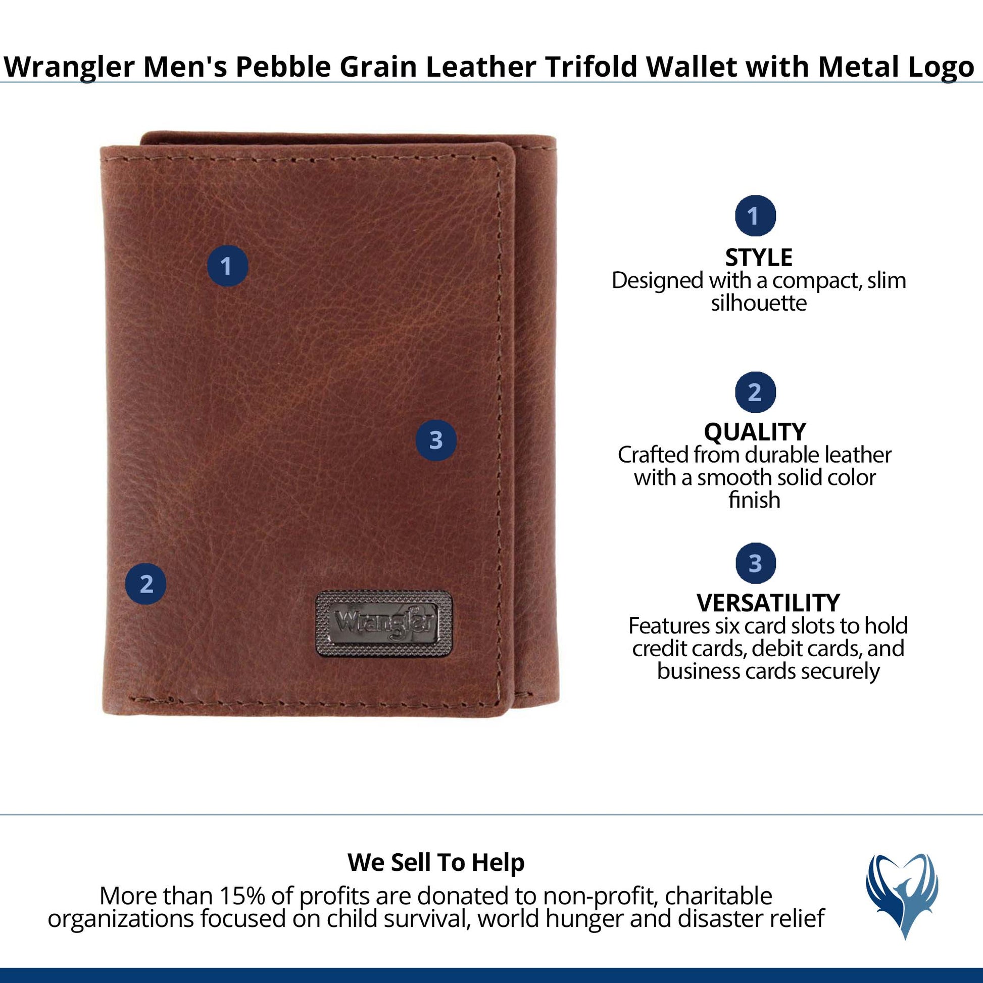 Wrangler Men's Pebble Grain Leather Trifold Wallet with Metal Logo - Brown