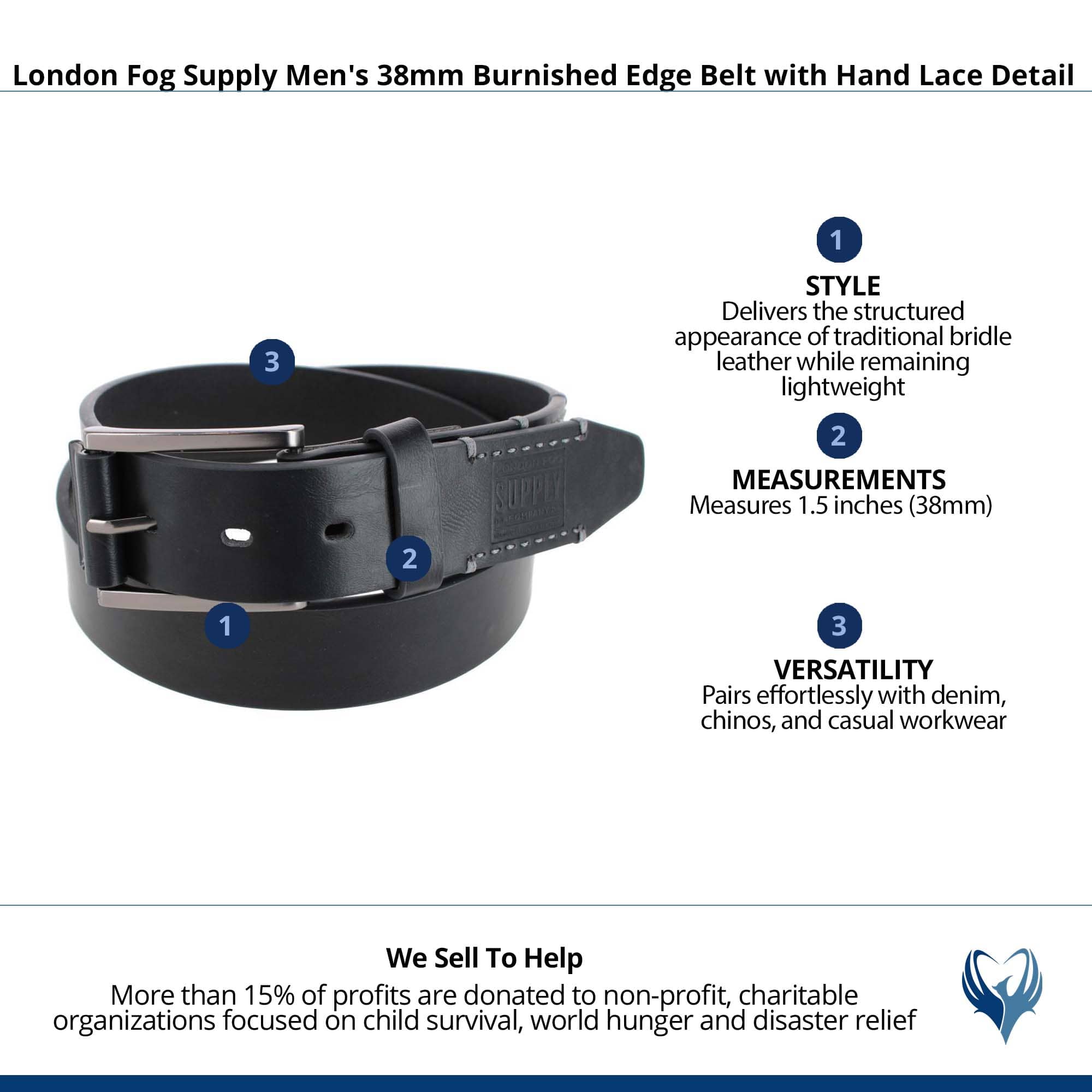 London Fog Supply Men's 38mm Burnished Edge Belt with Hand Lace Detail - Black