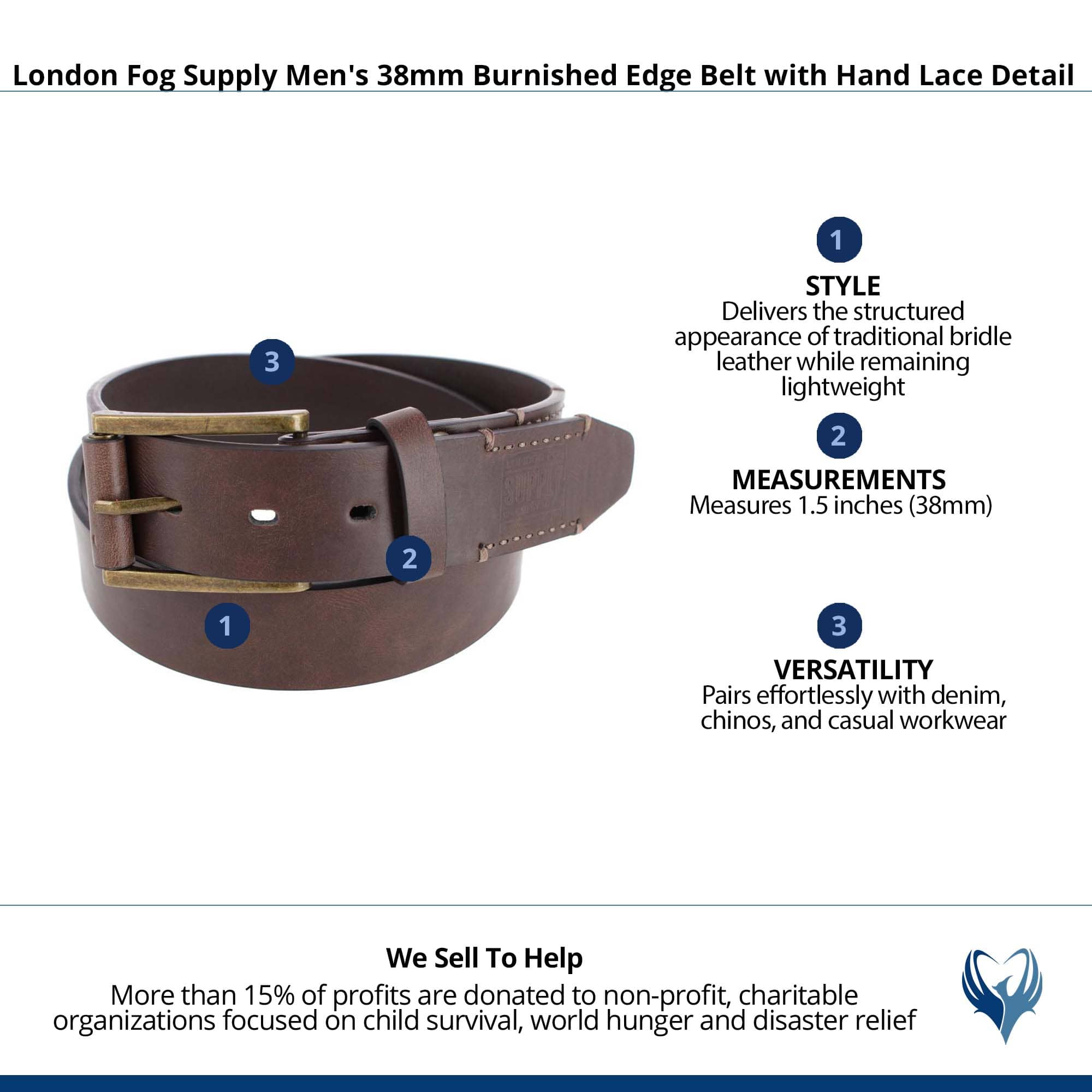 London Fog Supply Men's 38mm Burnished Edge Belt with Hand Lace Detail - Brown