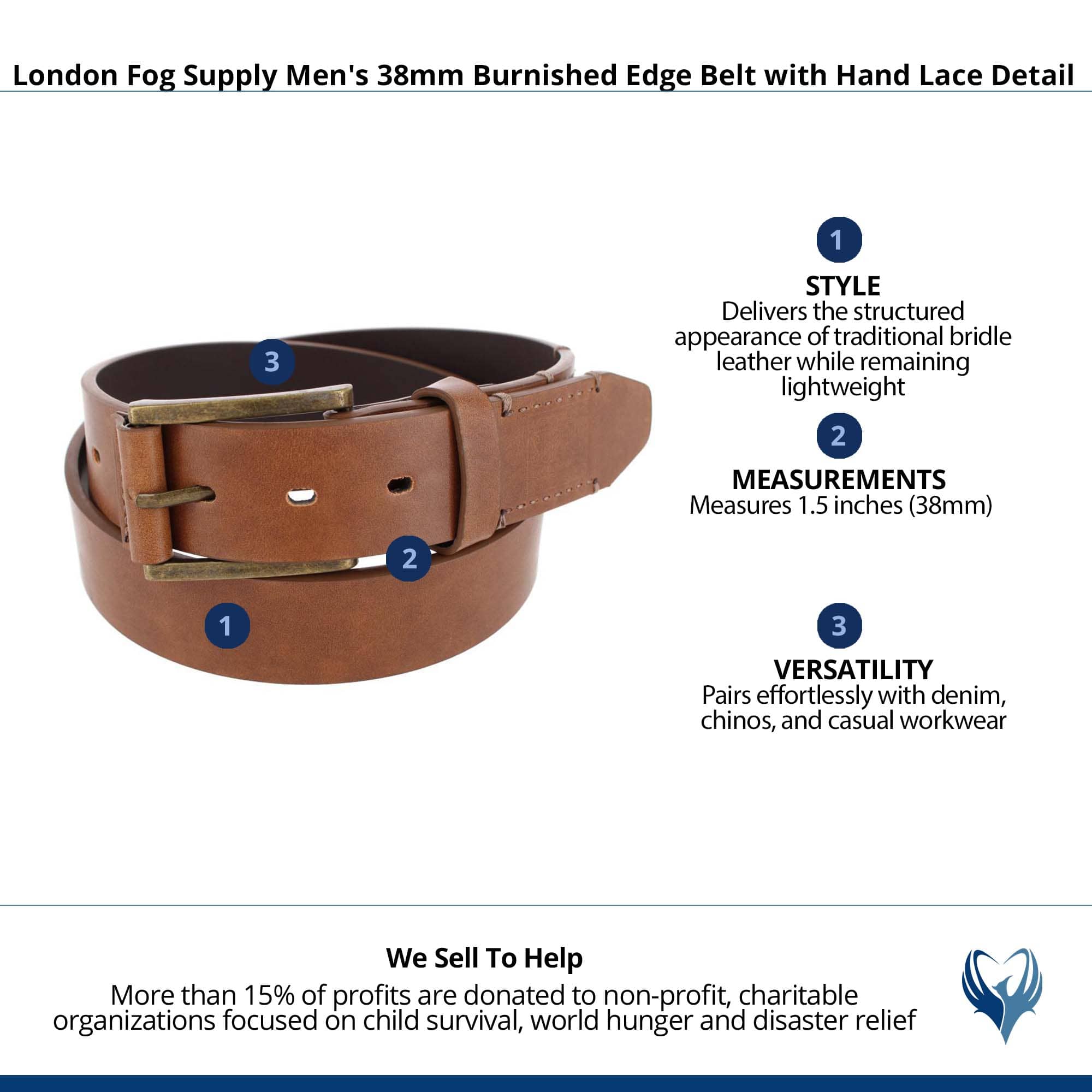 London Fog Supply Men's 38mm Burnished Edge Belt with Hand Lace Detail - Cognac