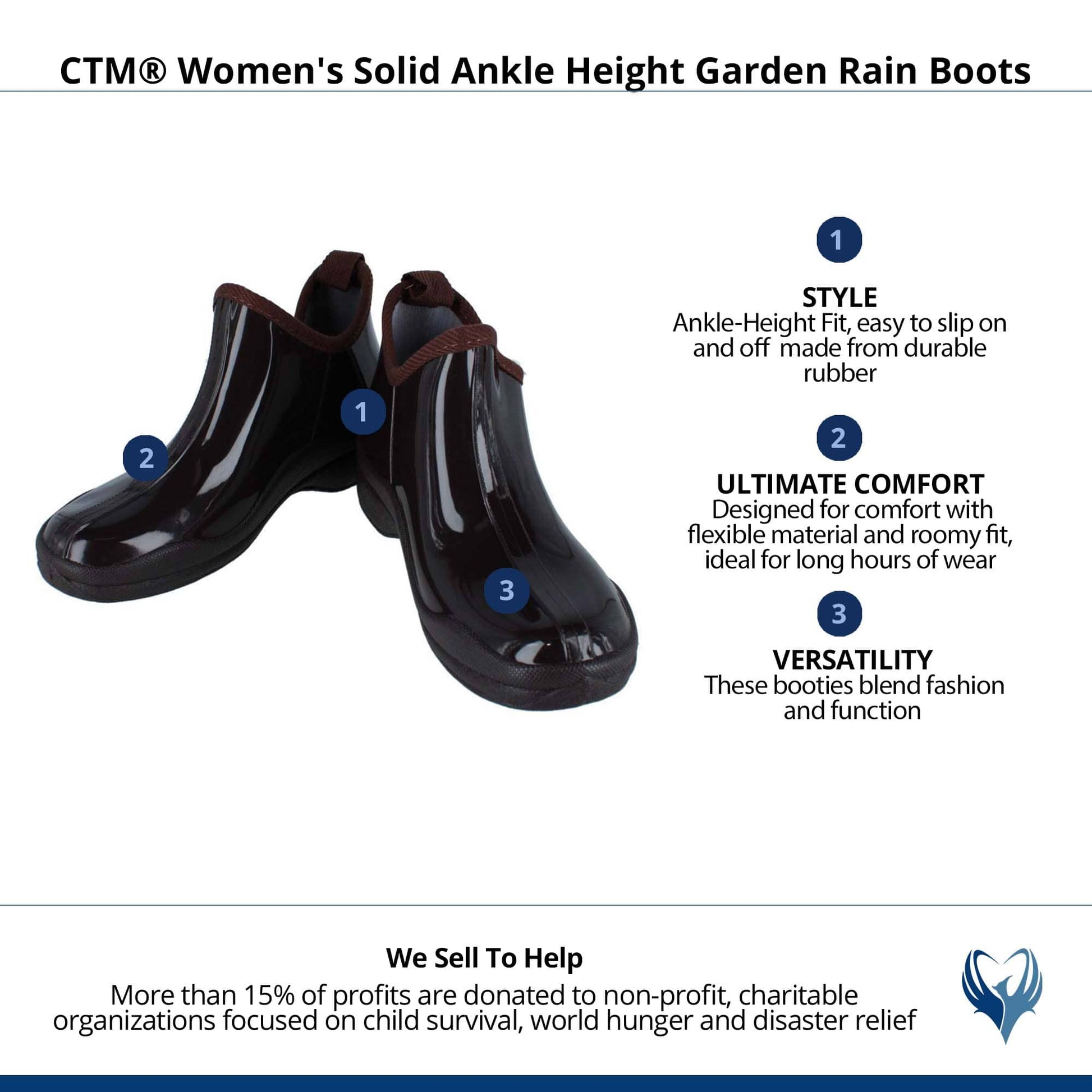 CTM® Women's Solid Ankle Height Garden Rain Boots - Brown