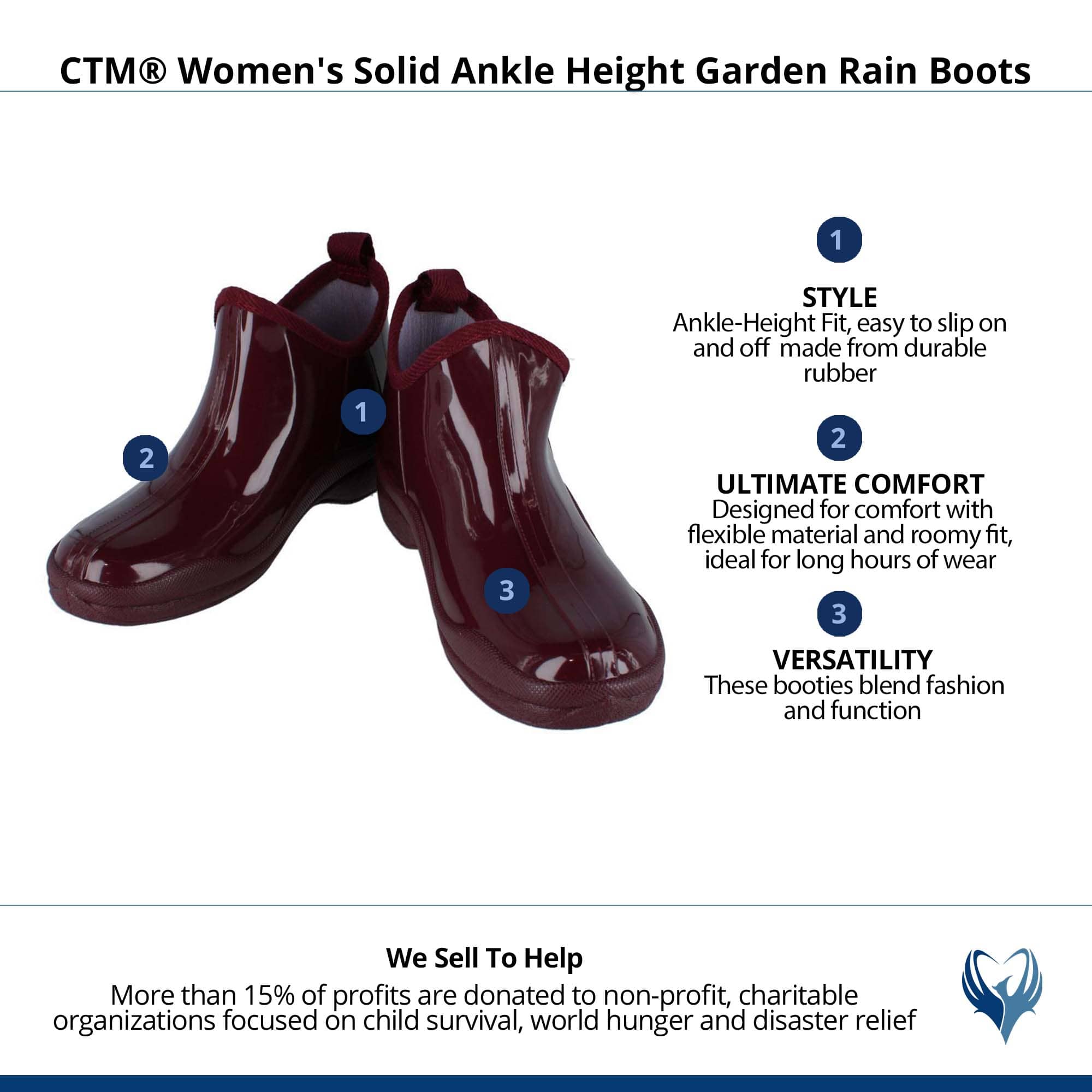 CTM® Women's Solid Ankle Height Garden Rain Boots - Burgundy