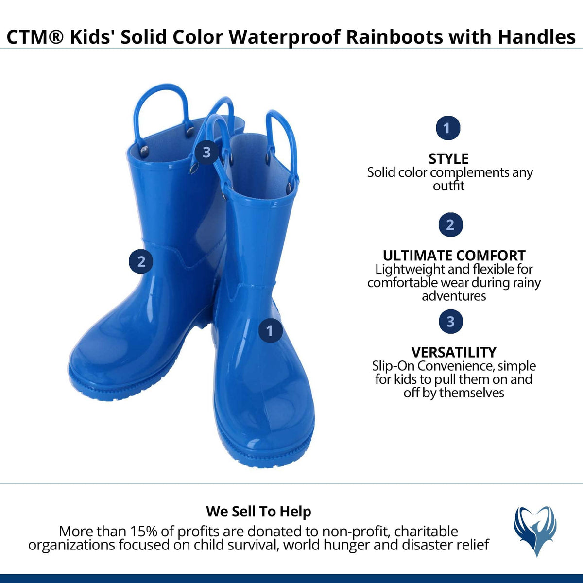 CTM® Kids' Solid Color Waterproof Rainboots with Handles - Blue