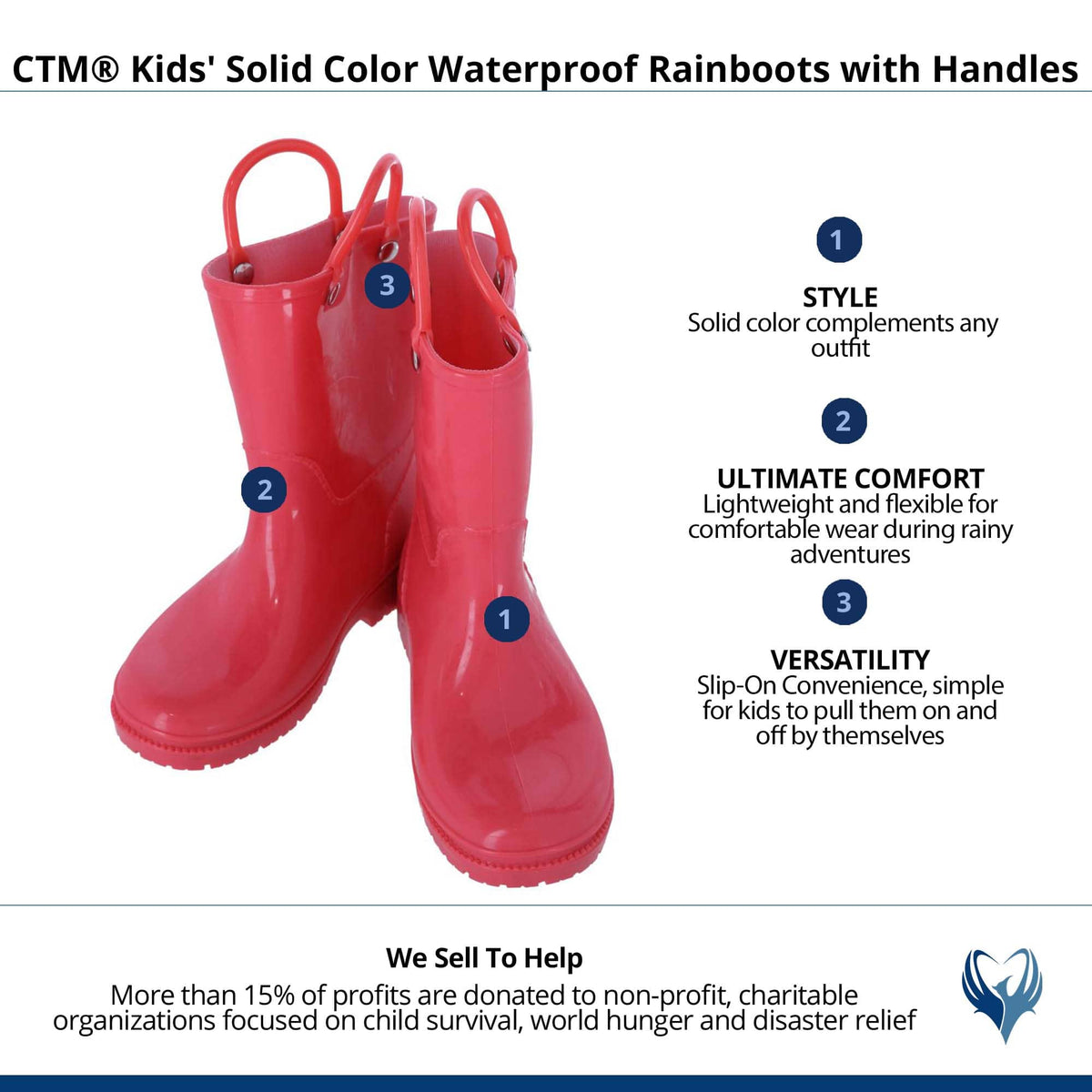 CTM® Kids' Solid Color Waterproof Rainboots with Handles - Coral