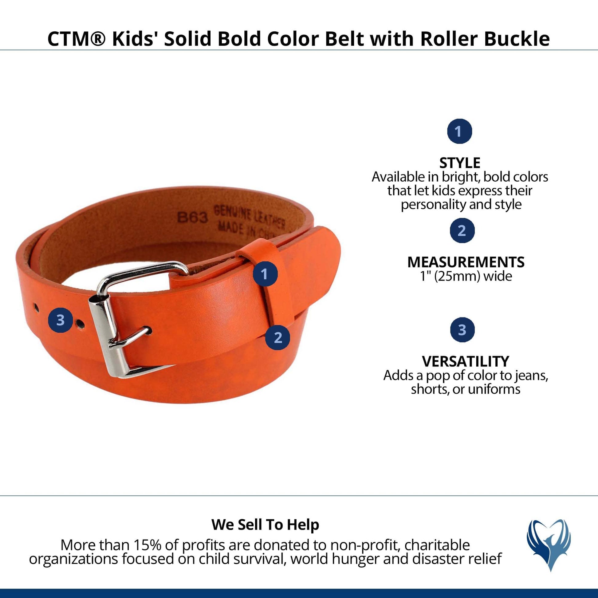 CTM® Kids' Solid Bold Color Belt with Roller Buckle - Orange