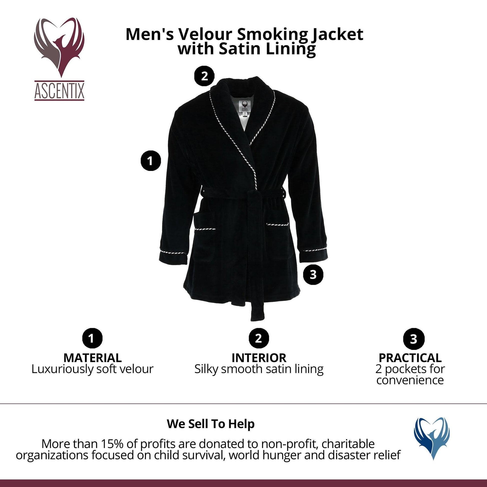 Ascentix Men's Velour Smoking Jacket with Satin Lining - Black