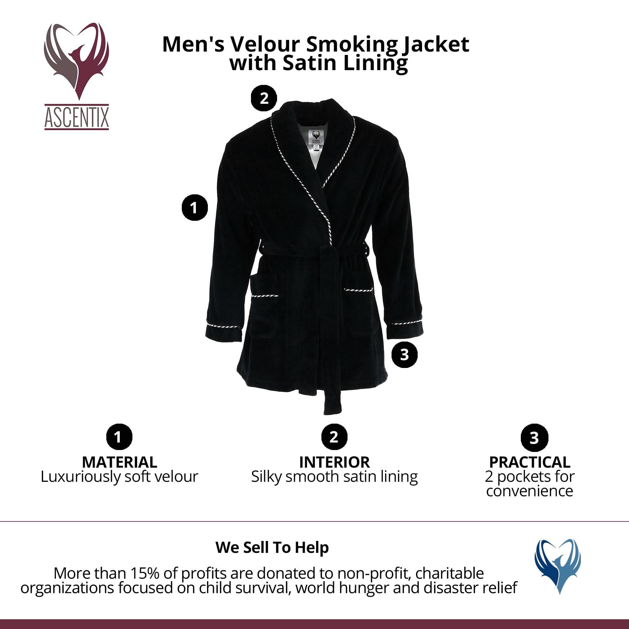 Ascentix Men's Velour Smoking Jacket with Satin Lining - Black