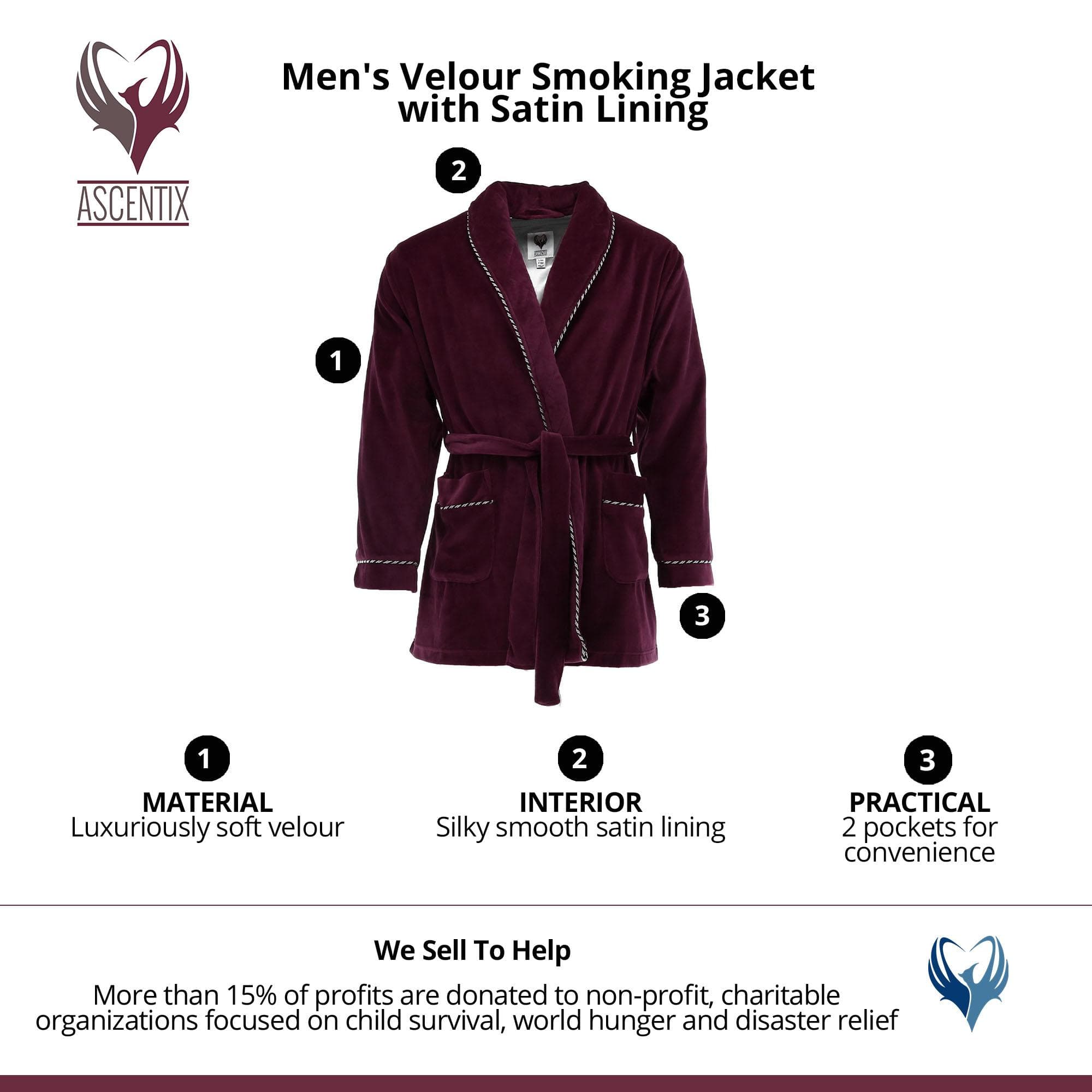 Ascentix Men's Velour Smoking Jacket with Satin Lining - Burgundy