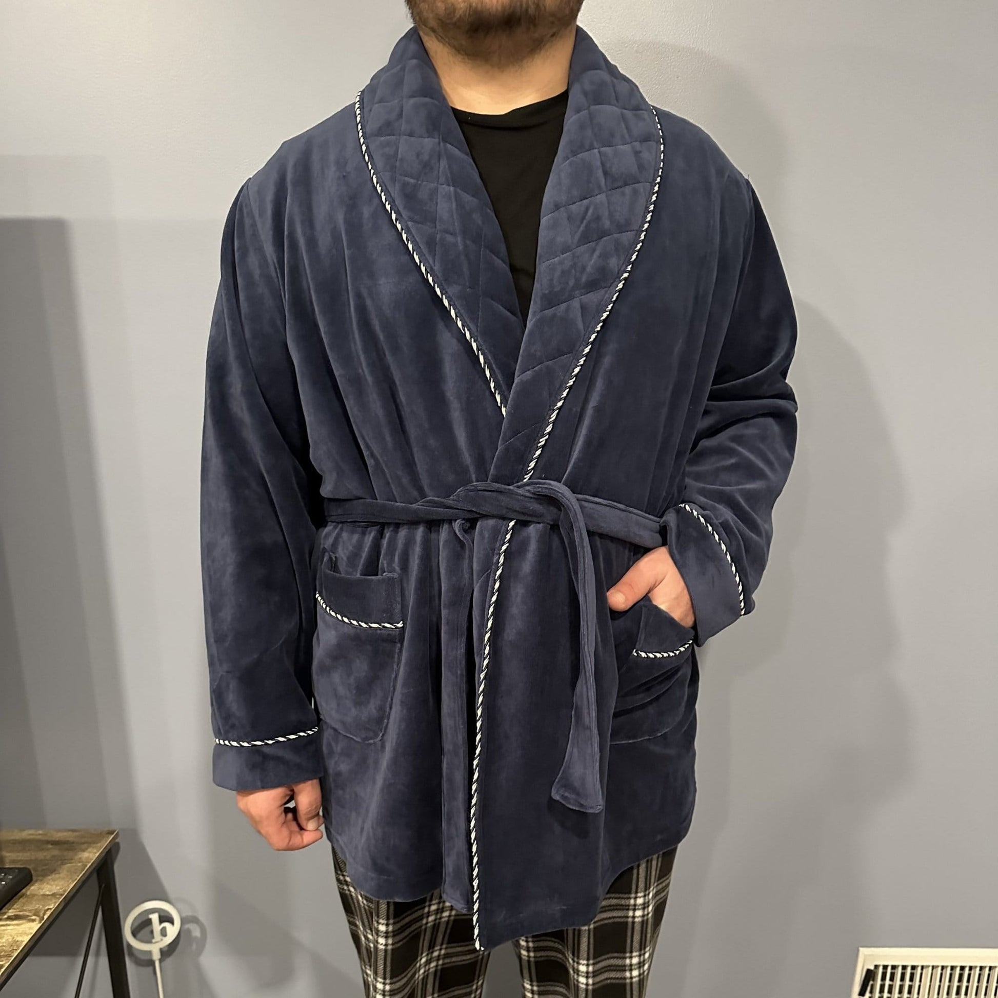 Ascentix Men's Velour Smoking Jacket with Satin Lining - Navy
