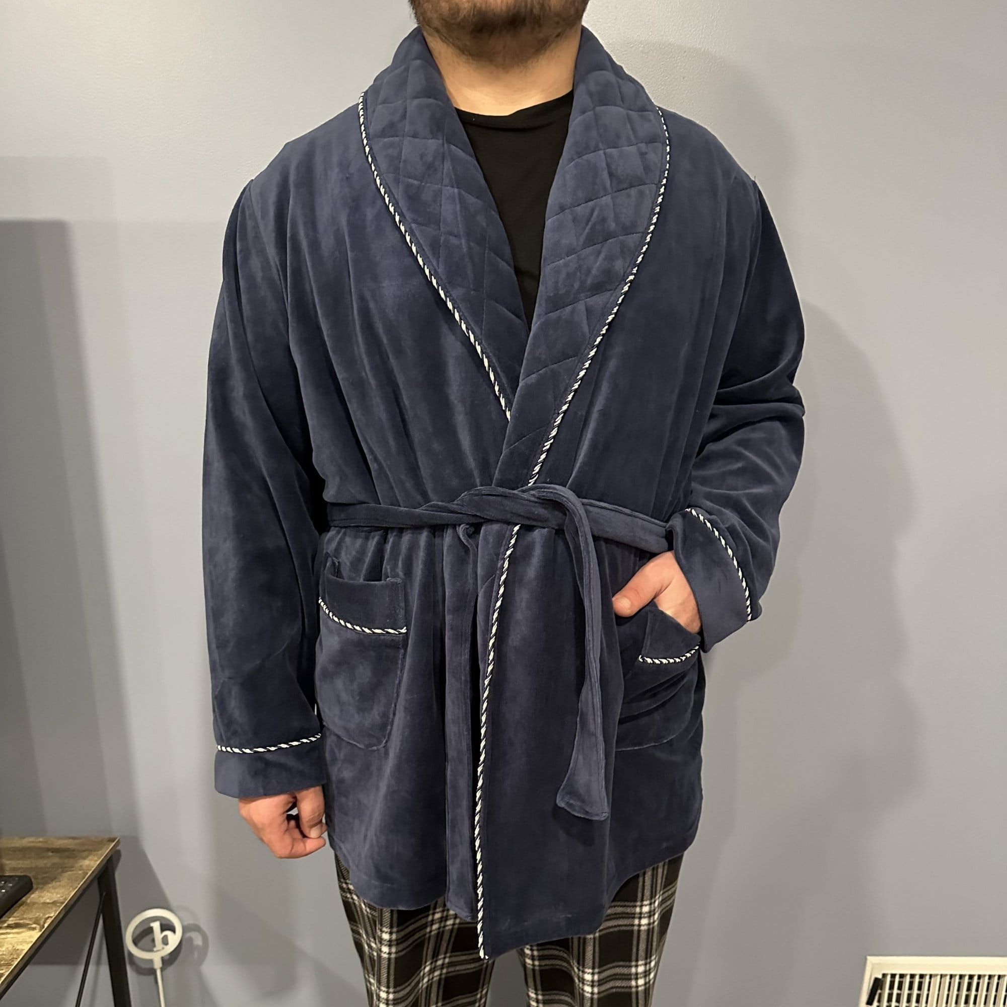 Ascentix Men's Velour Smoking Jacket with Satin Lining - Navy