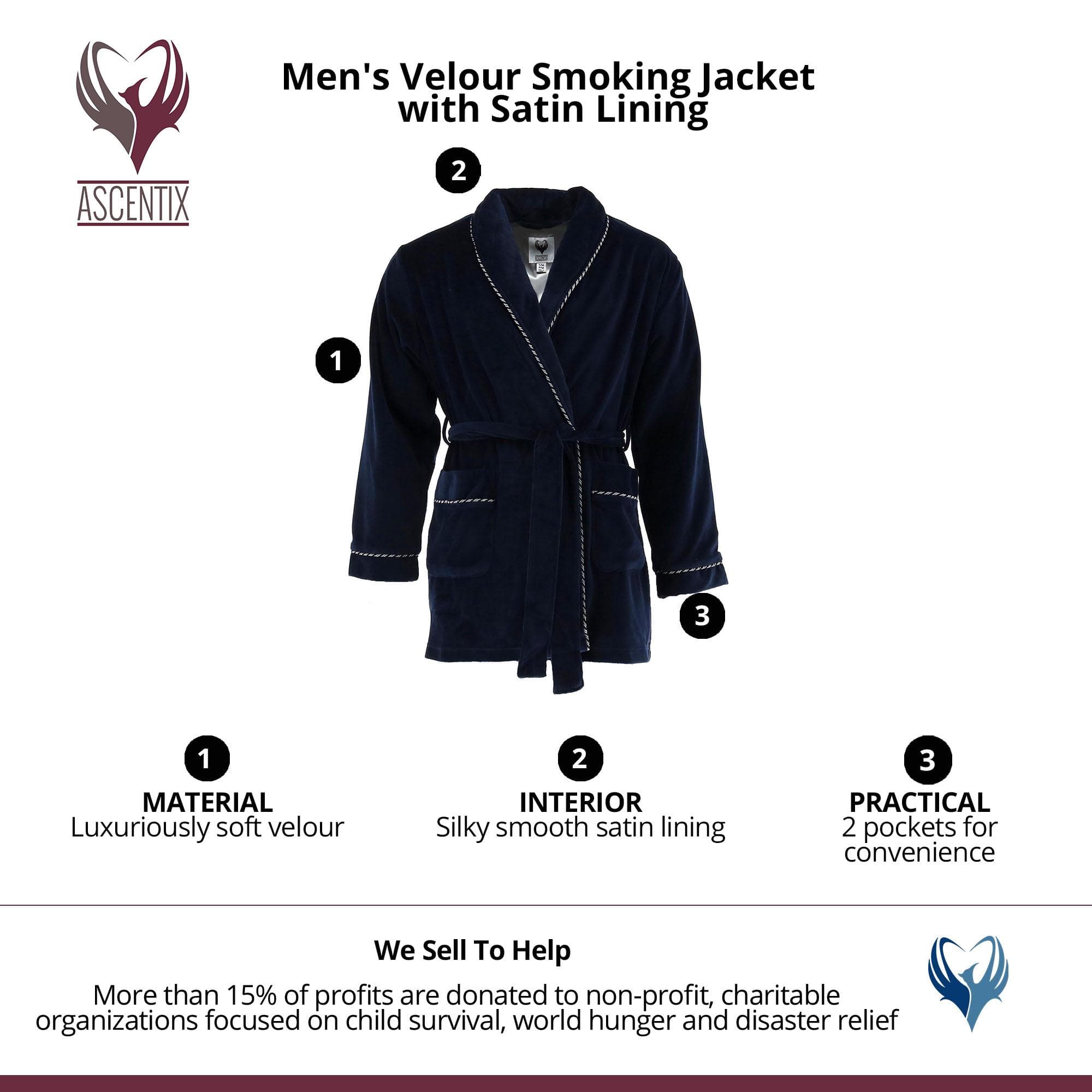 Ascentix Men's Velour Smoking Jacket with Satin Lining - Navy