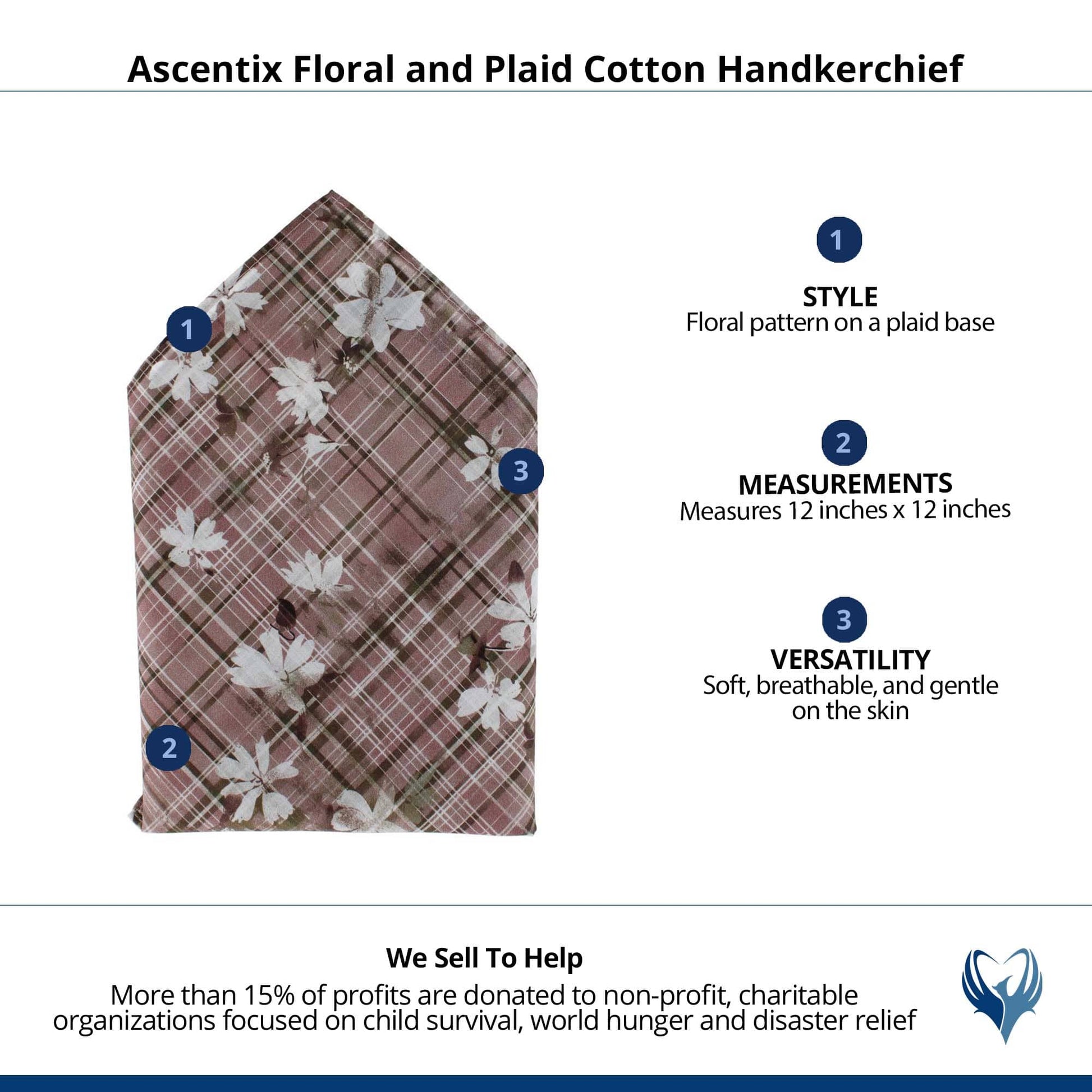 Ascentix Floral and Plaid Cotton Handkerchief - Grey, White, and Black