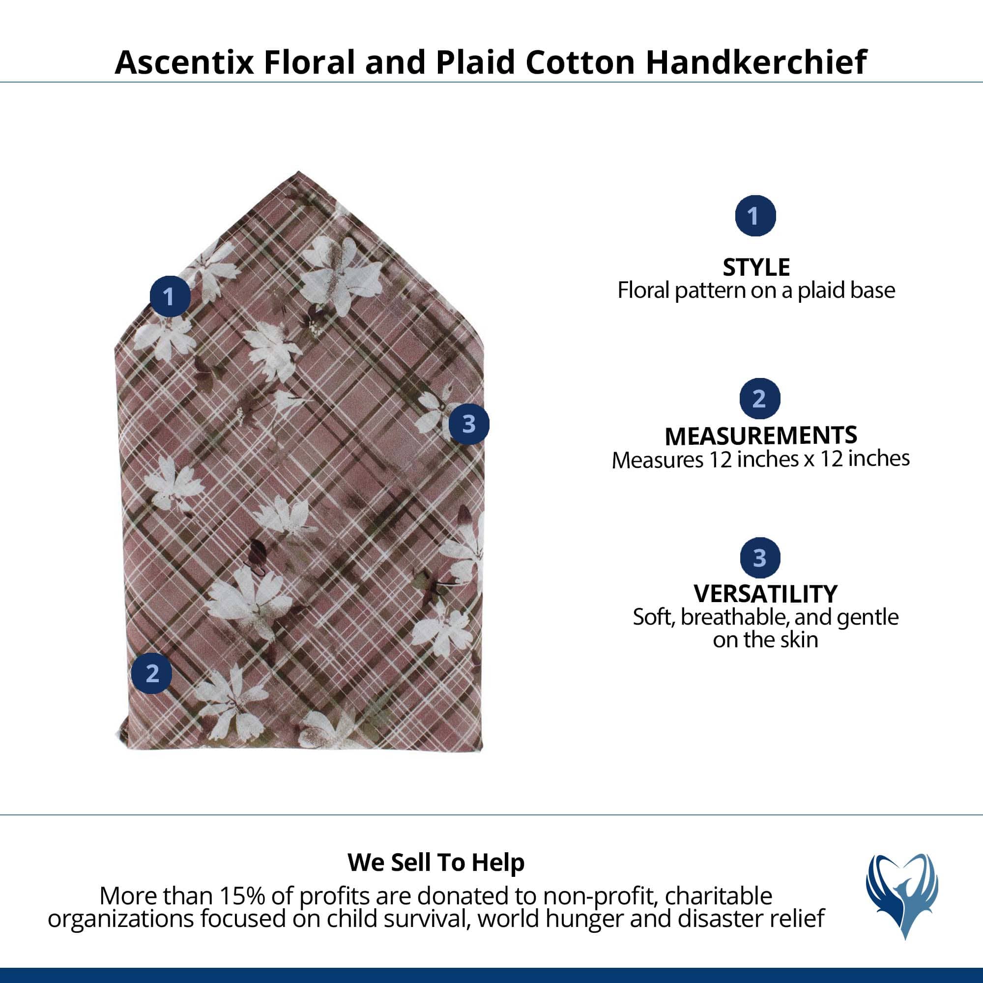 Ascentix Floral and Plaid Cotton Handkerchief - Grey, White, and Black