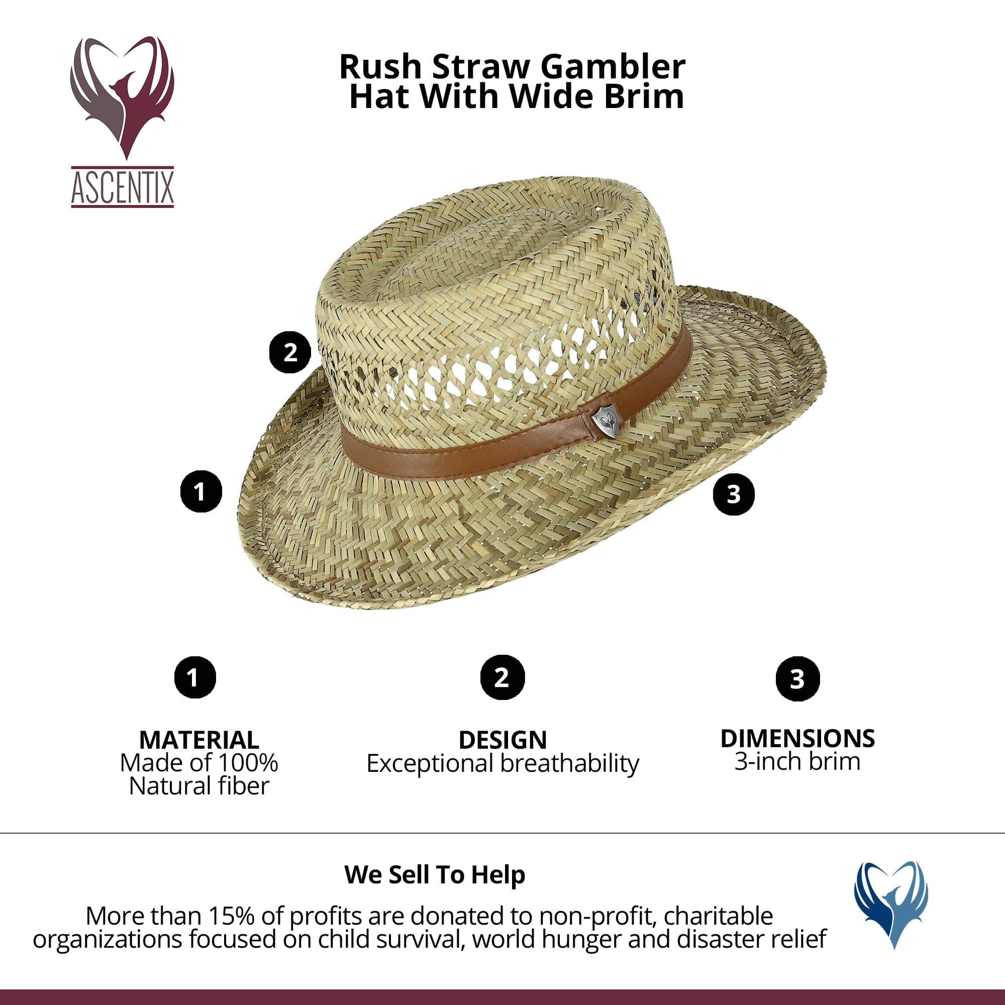 Rush Straw Gambler Hat with Wide Brim by Ascentix | Novelty Hats