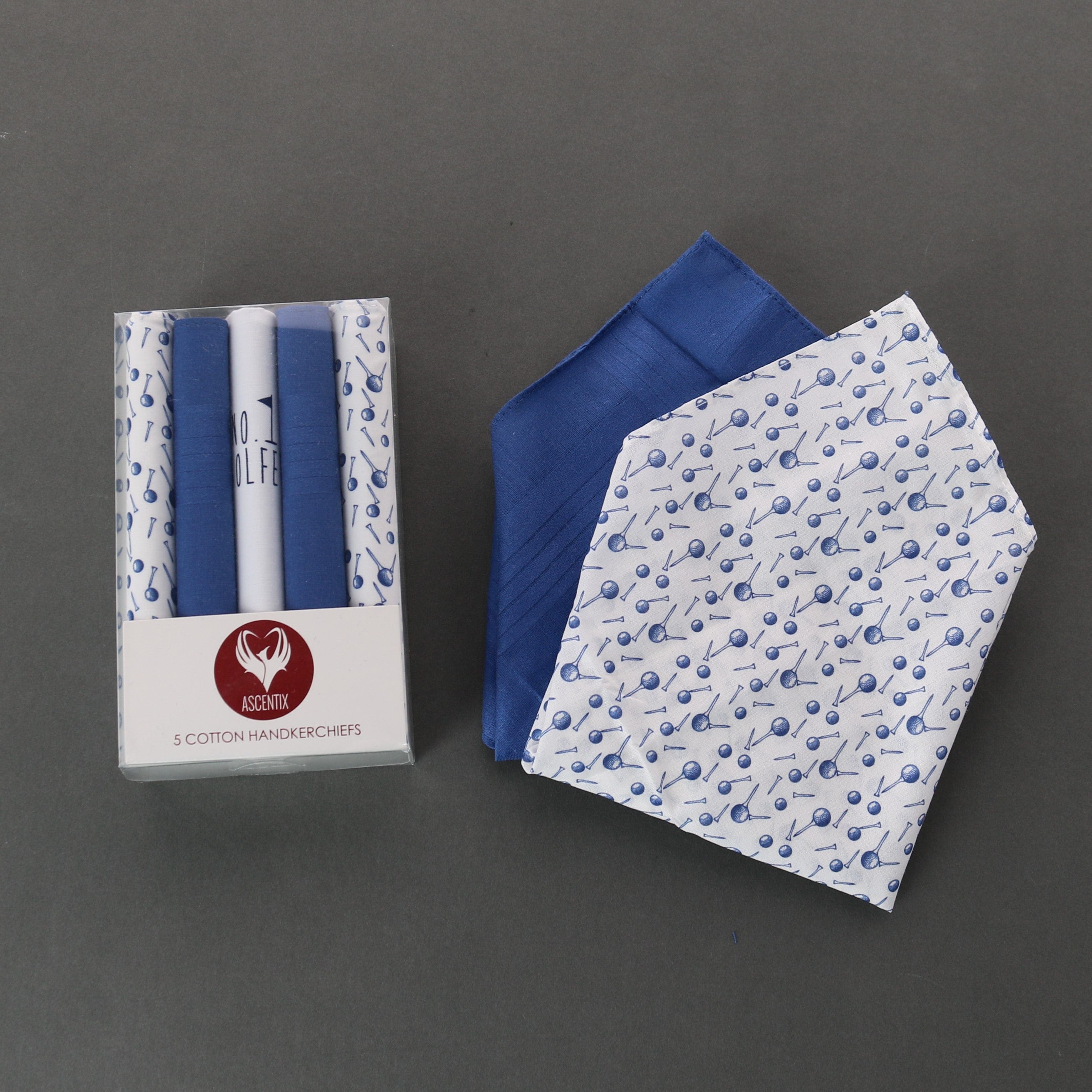 Ascentix Men's 5 Pack Cotton Golf Theme Novelty Hankies - Navy and White
