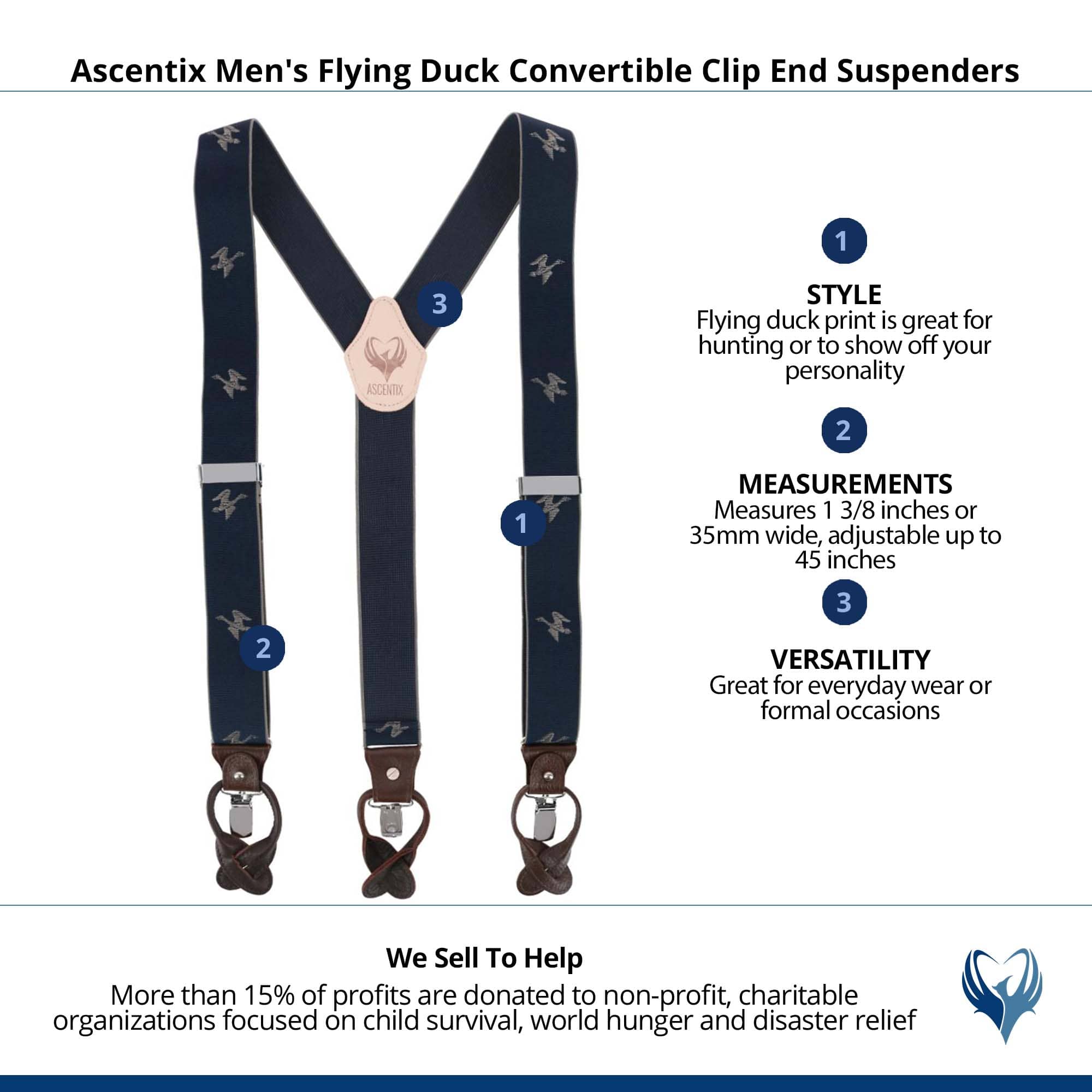 Ascentix Men's Flying Duck Convertible Clip End Suspenders - Navy