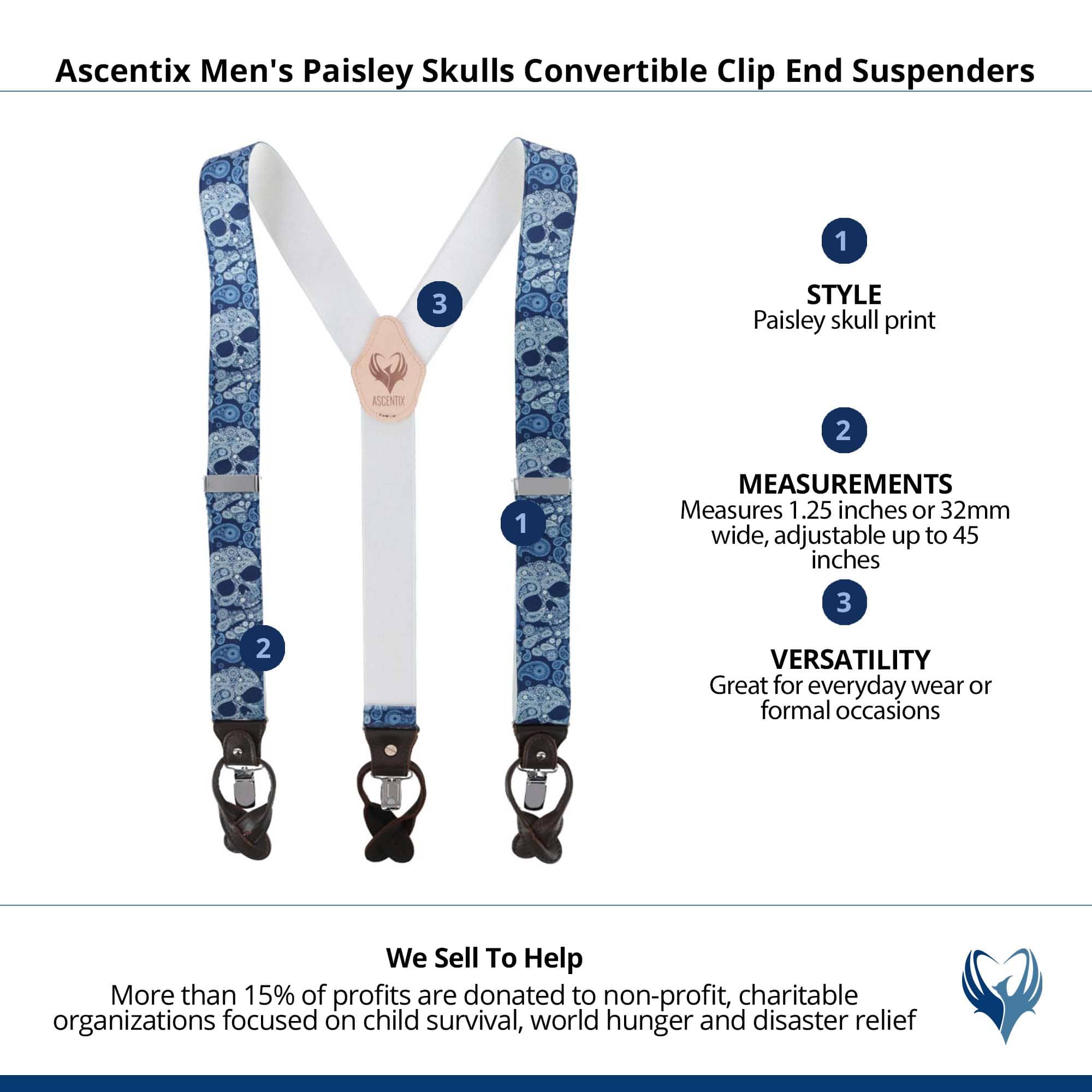 Ascentix Men's Paisley Skulls Convertible Clip End Suspenders - Navy