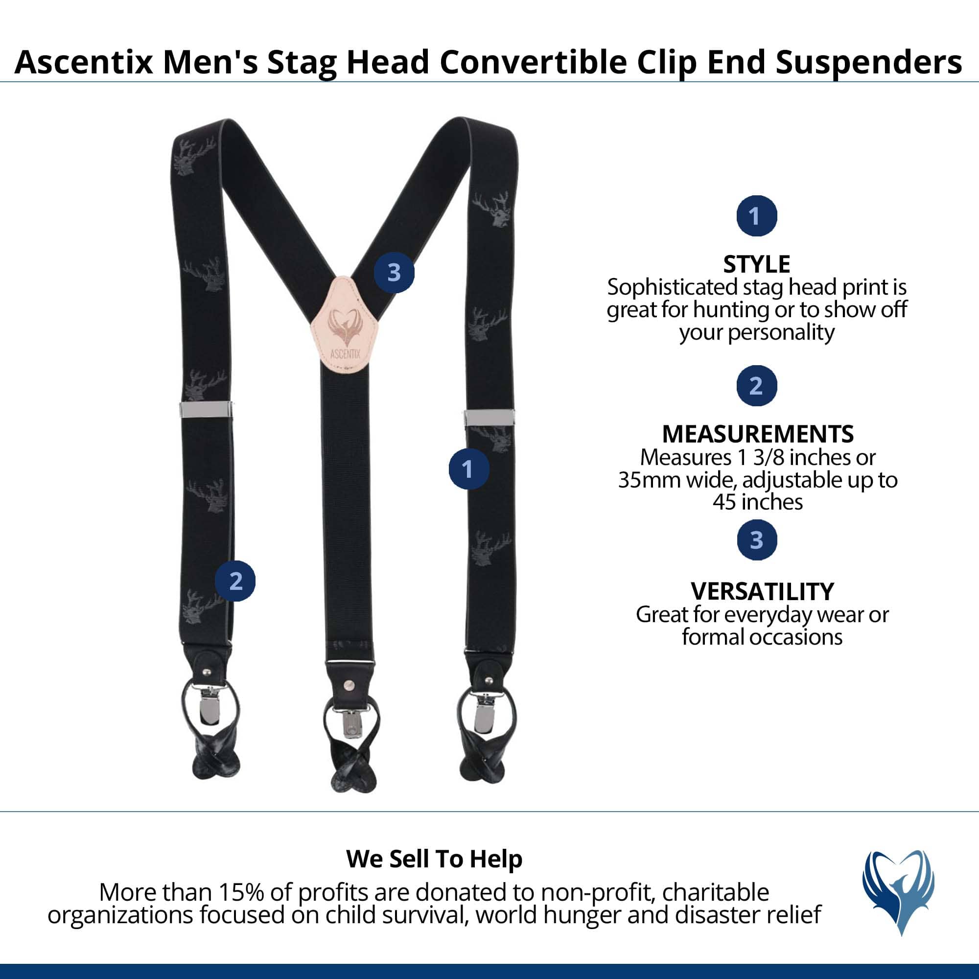 Ascentix Men's Stag Head Convertible Clip End Suspenders - Black