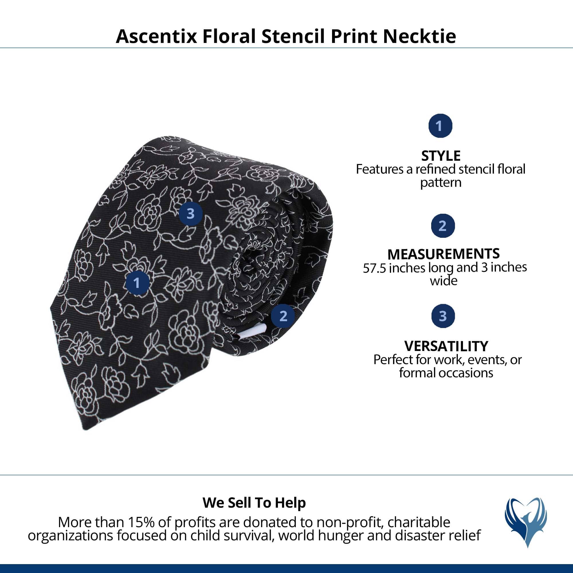 Ascentix Floral Stencil Print Necktie - Black