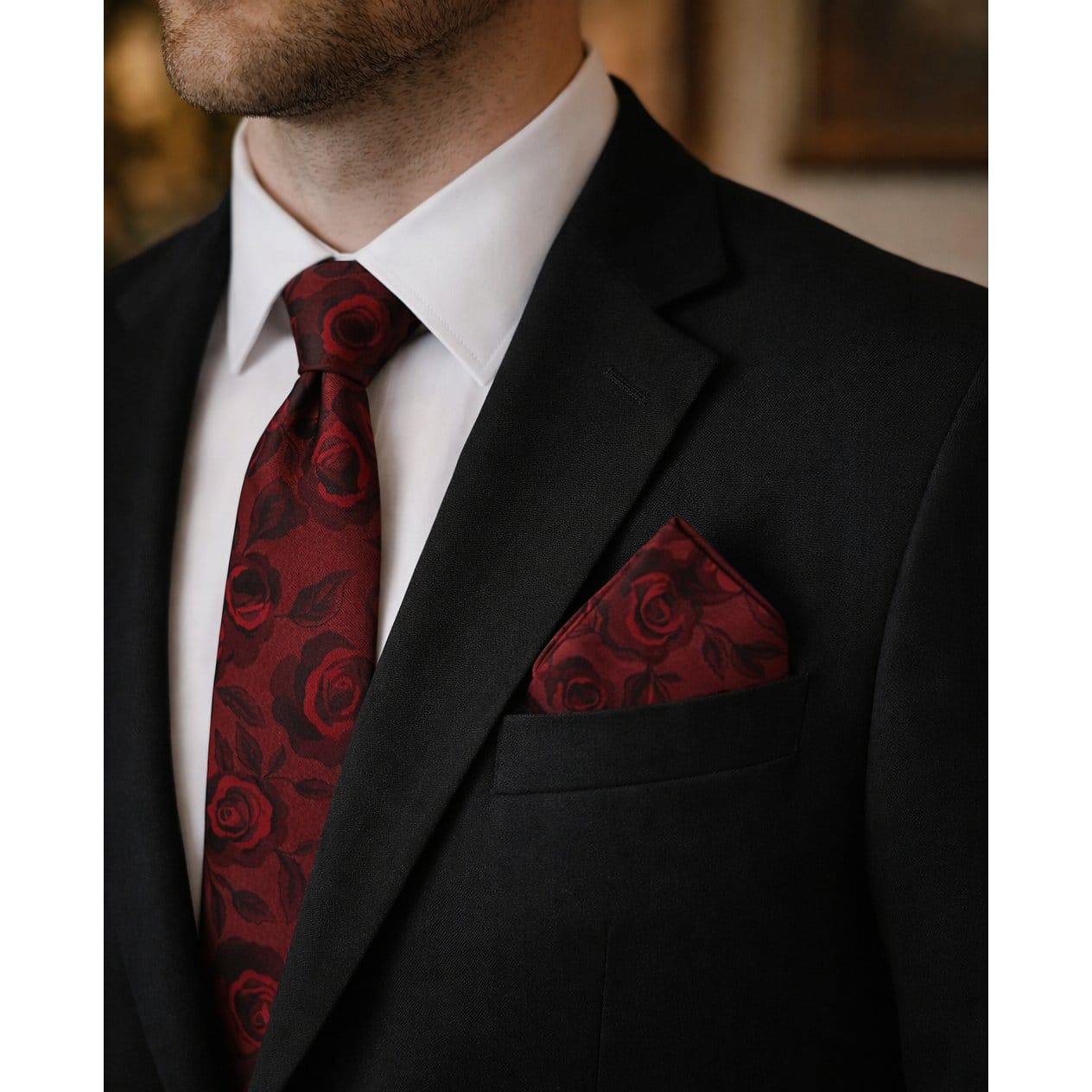 Rose Print Tone on Tone Tie & Pocket Square Bundle - AX-BBC24629CSPS-RED