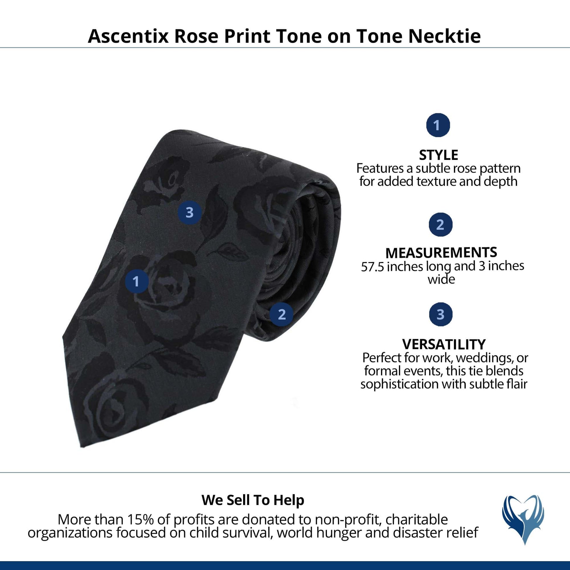 Ascentix Rose Print Tone on Tone Necktie - Black