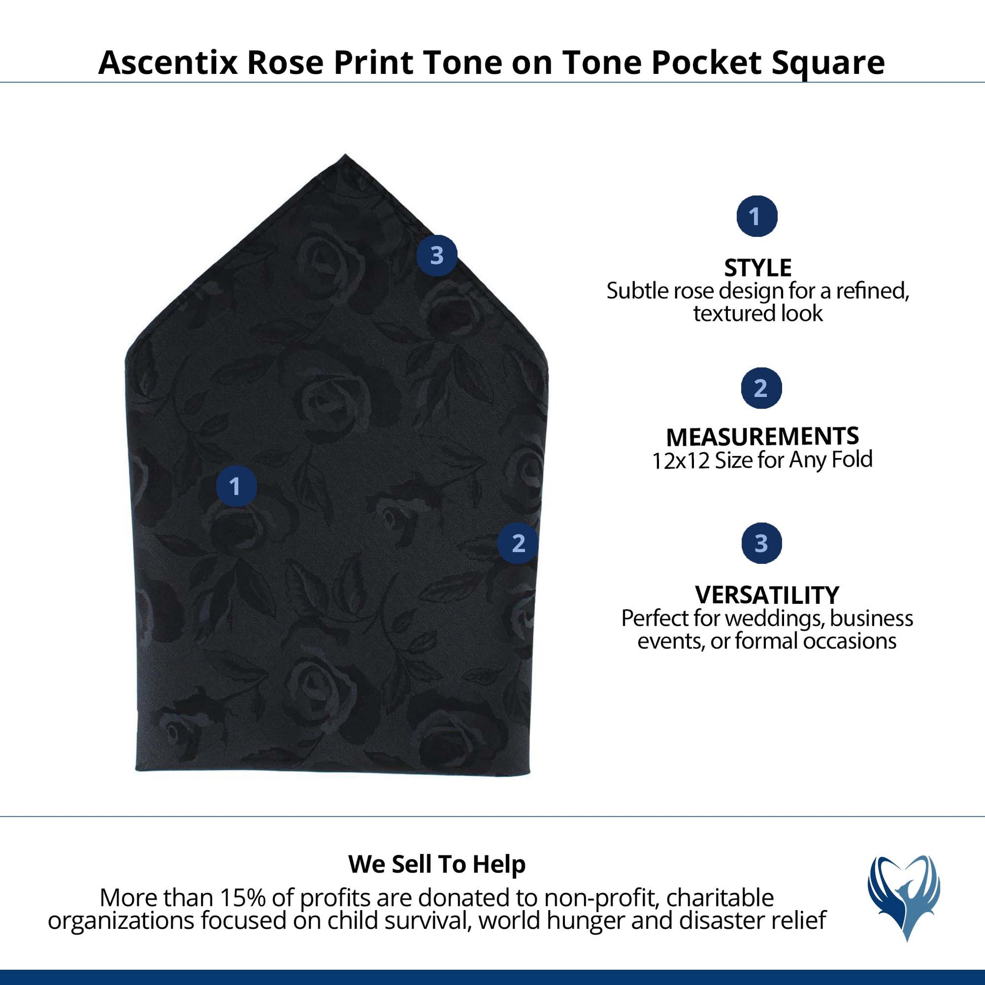 Ascentix Rose Print Tone on Tone Pocket Square - Black