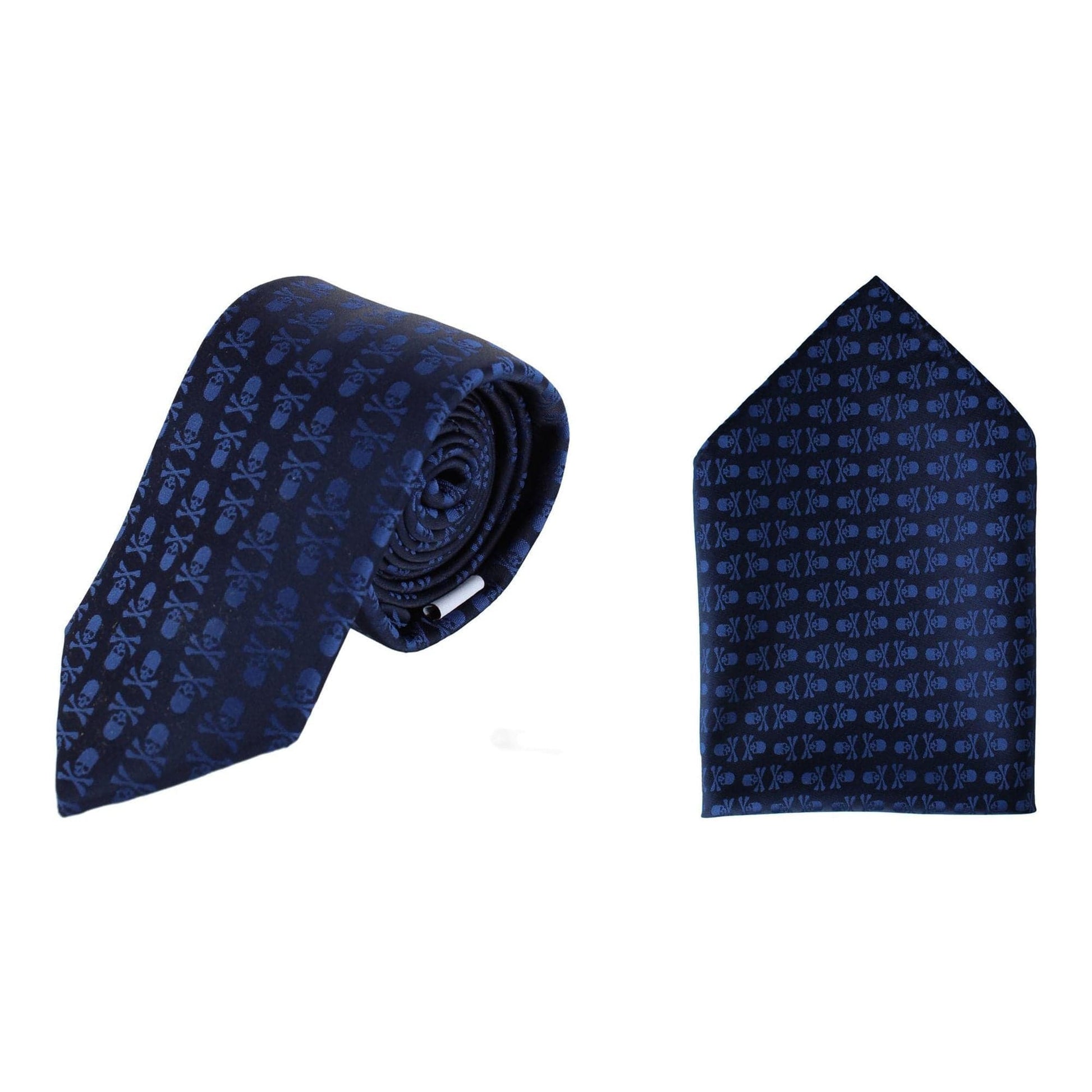 Ascentix Pirate Skull and Crossbones Necktie & Pocket Square Bundle - Blue on Black