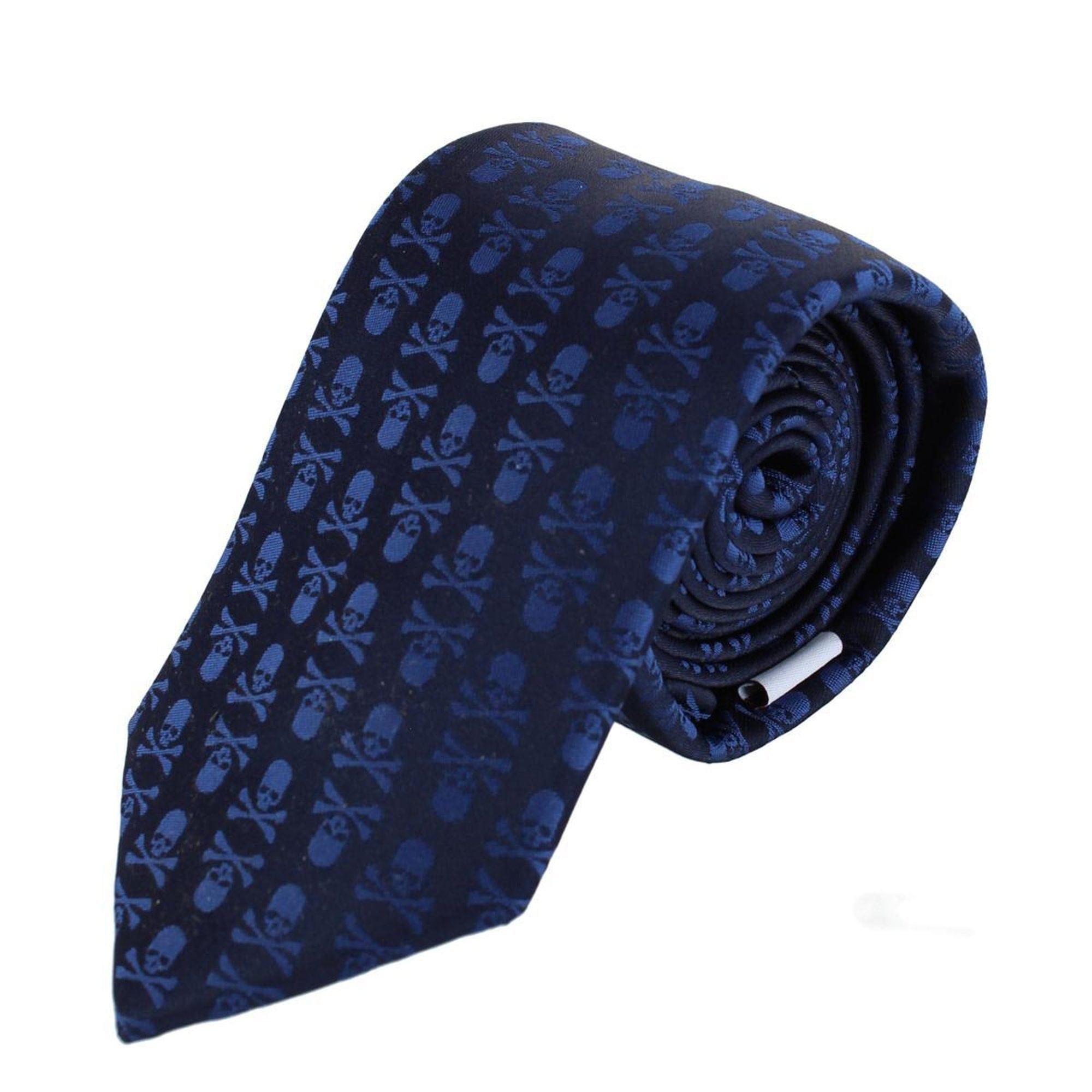 Ascentix Pirate Skull and Crossbones Necktie & Pocket Square Bundle - Blue on Black