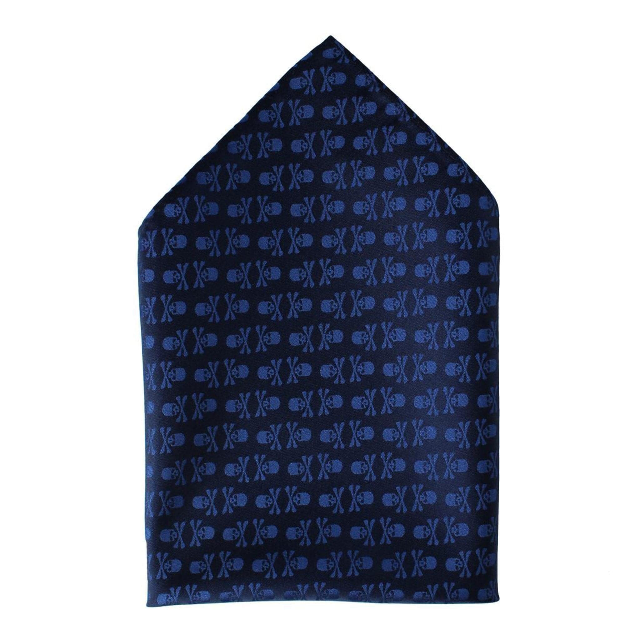 Ascentix Pirate Skull and Crossbones Necktie & Pocket Square Bundle - Blue on Black