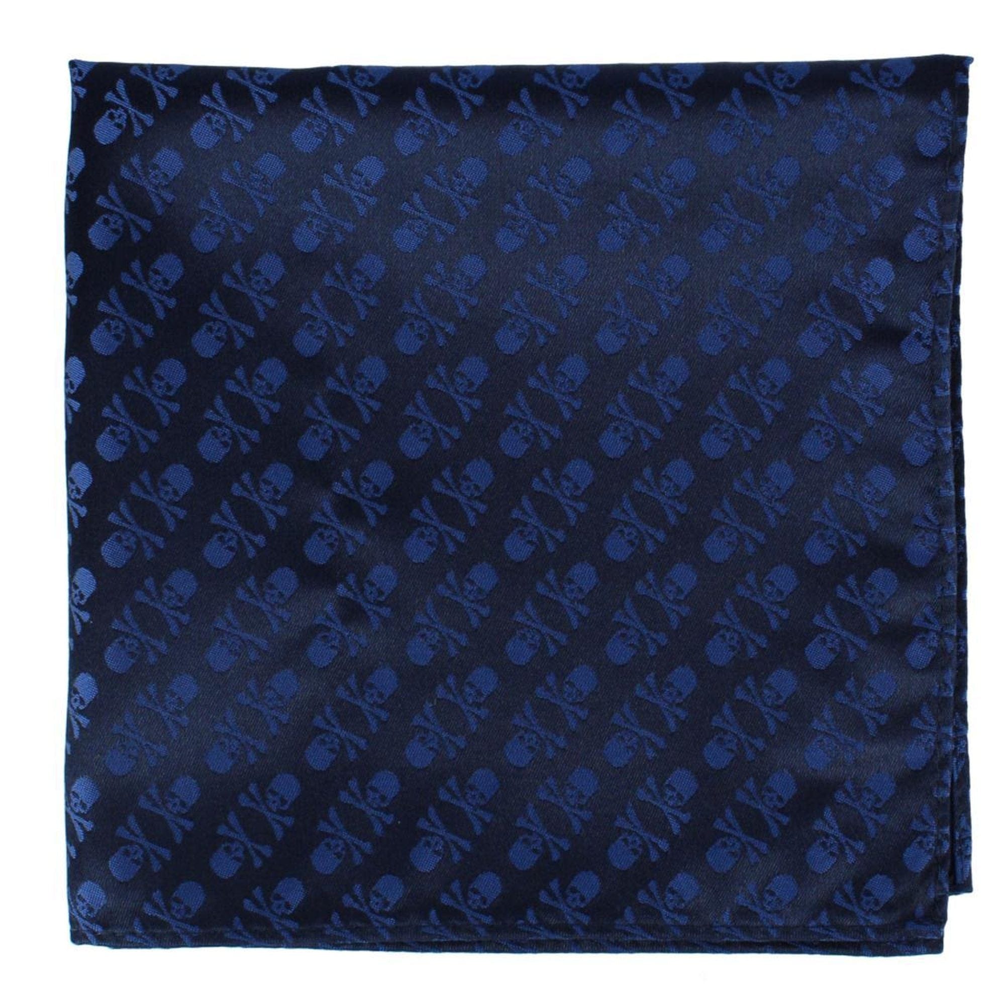 Ascentix Pirate Skull and Crossbones Necktie & Pocket Square Bundle - Blue on Black