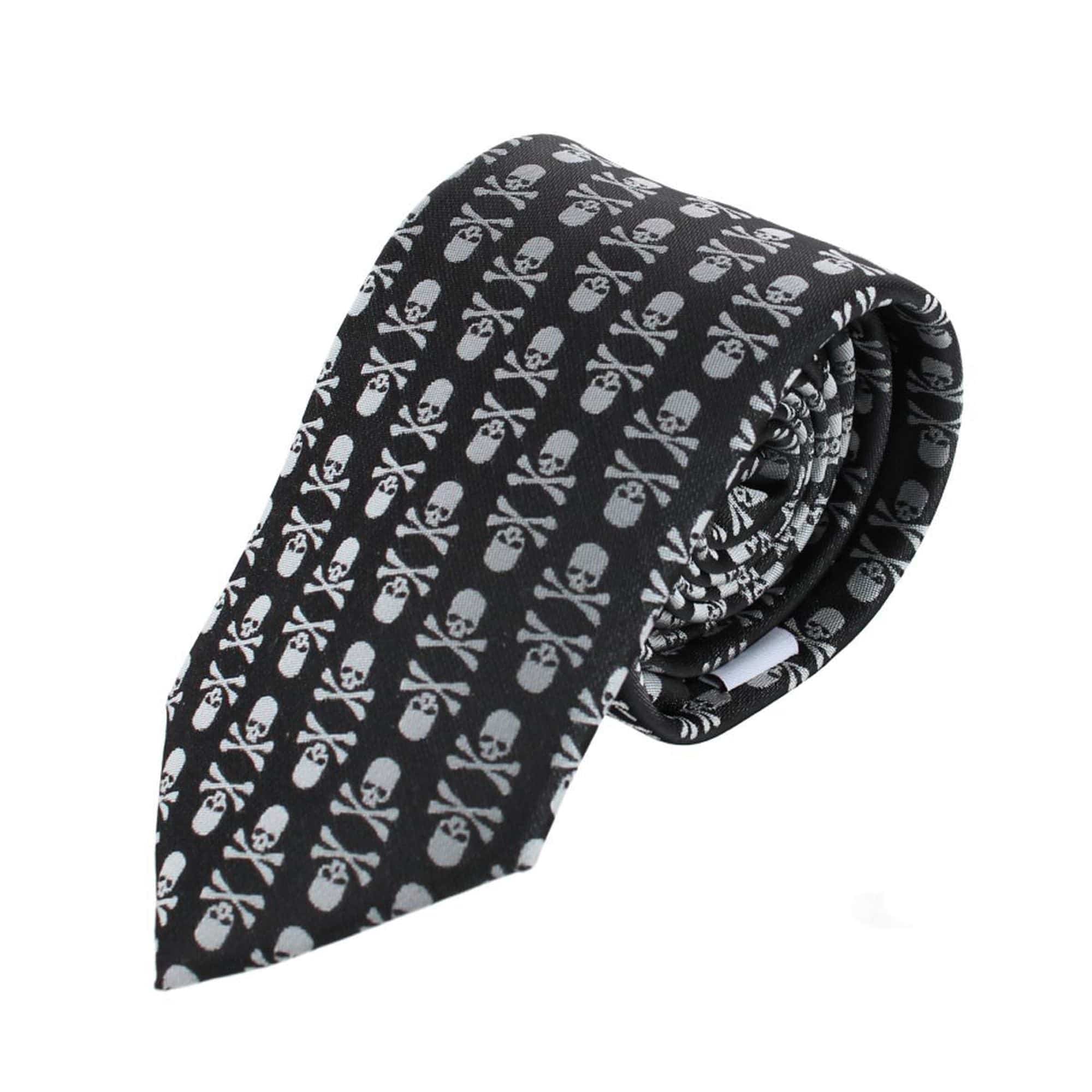 Ascentix Pirate Skull and Crossbones Necktie & Pocket Square Bundle - White on Black