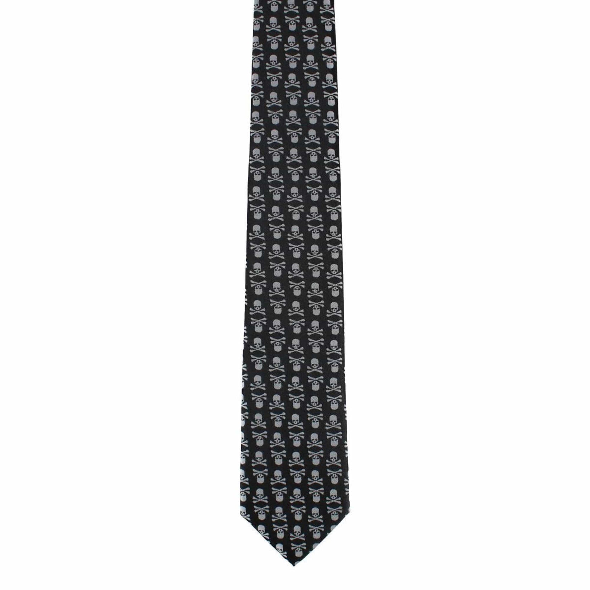 Ascentix Pirate Skull and Crossbones Necktie & Pocket Square Bundle - White on Black