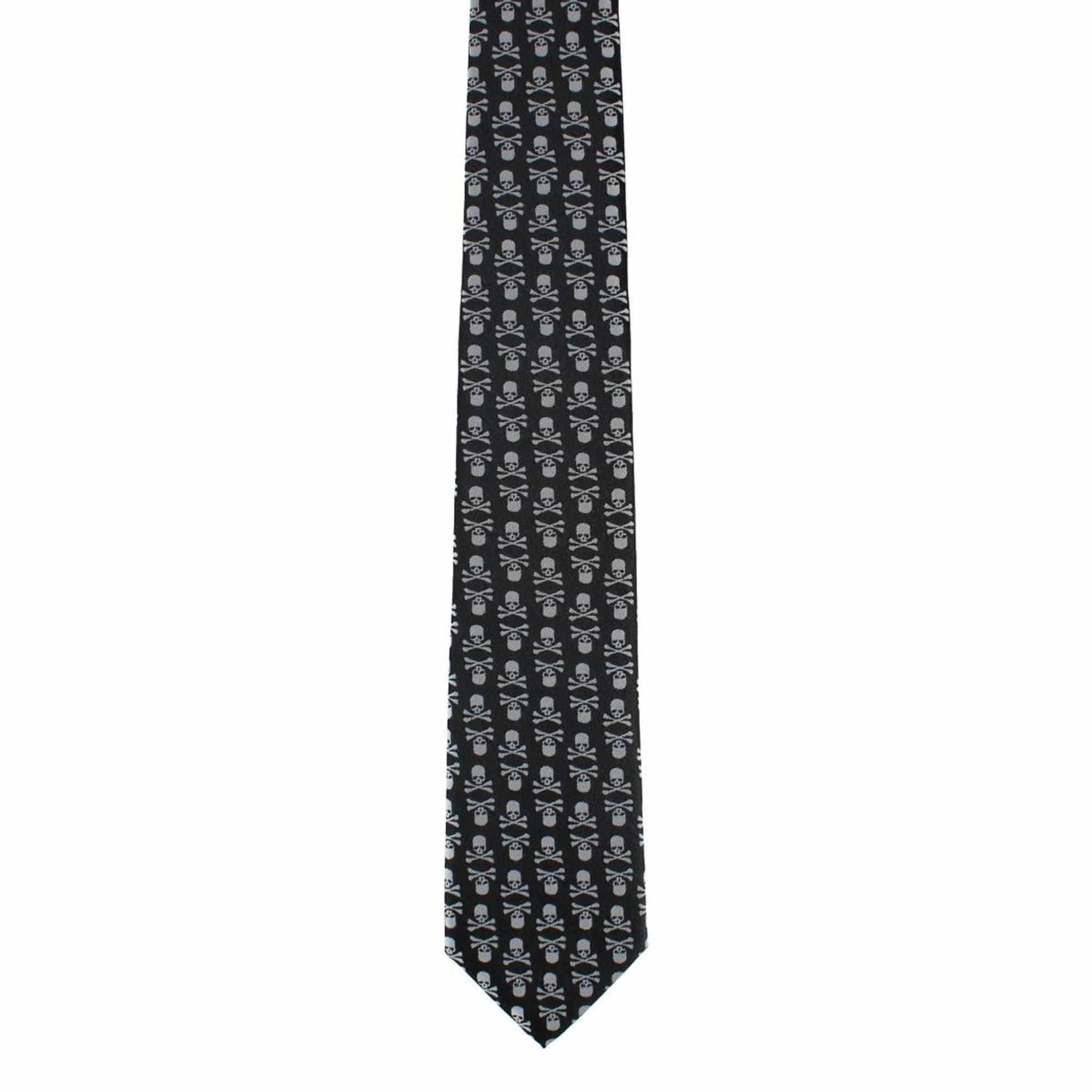 Ascentix Pirate Skull and Crossbones Necktie & Pocket Square Bundle - White on Black