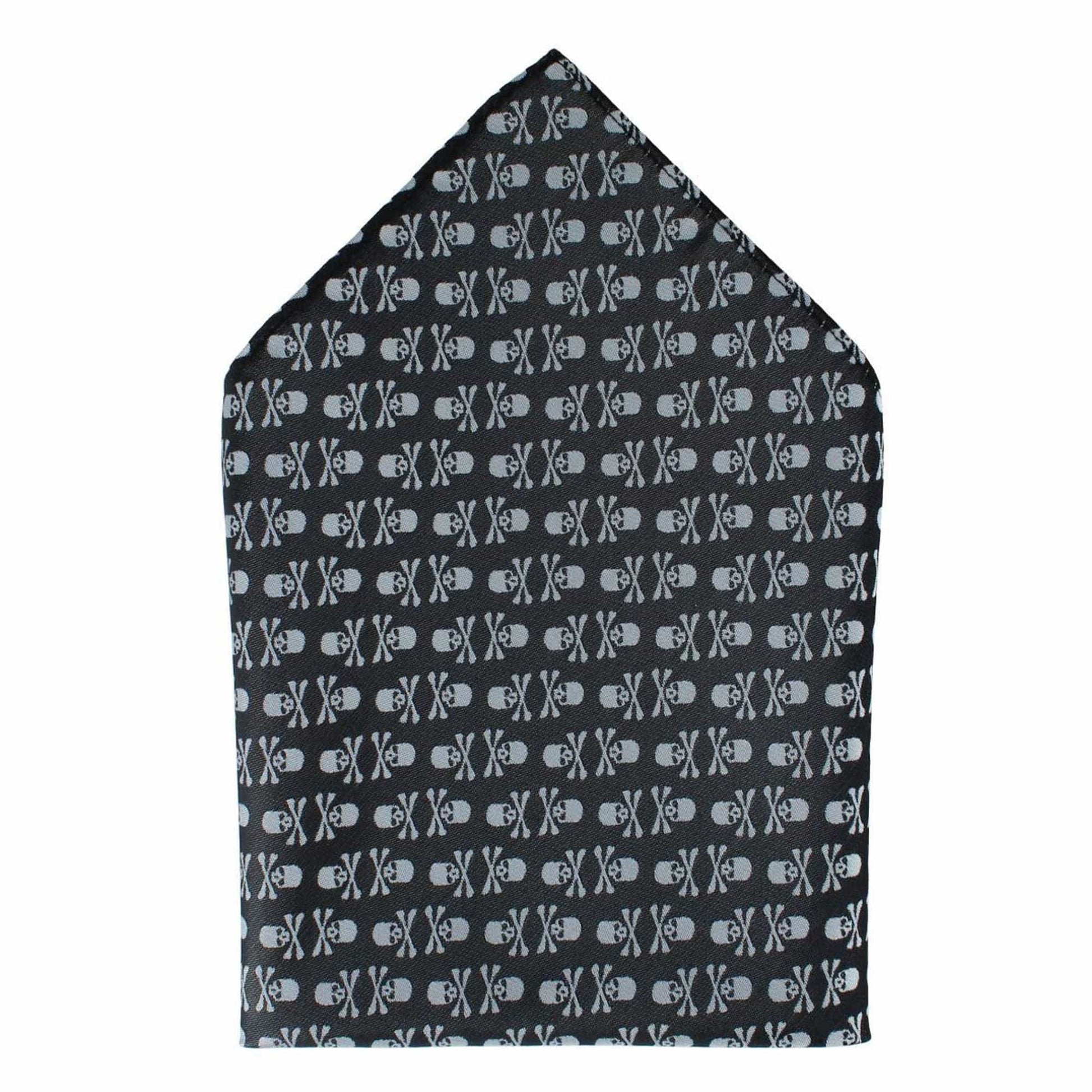 Ascentix Pirate Skull and Crossbones Necktie & Pocket Square Bundle - White on Black