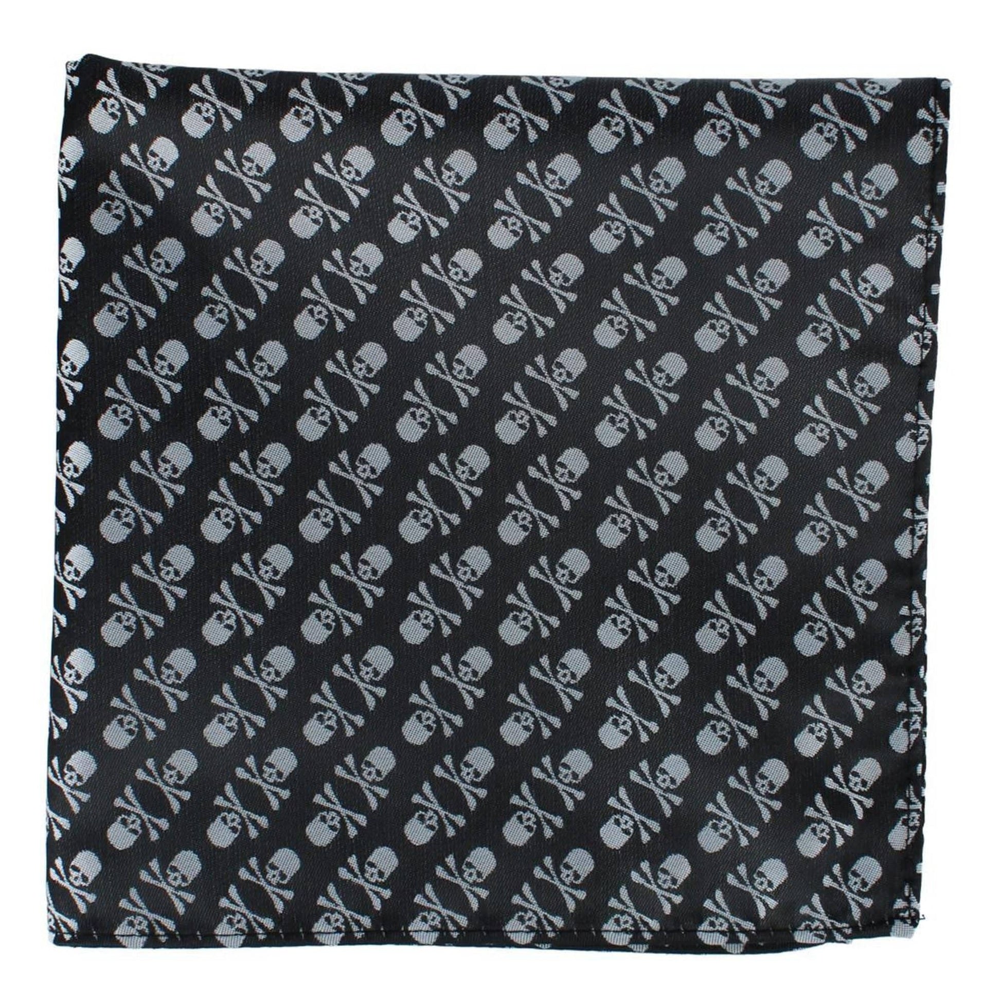 Ascentix Pirate Skull and Crossbones Necktie & Pocket Square Bundle - White on Black