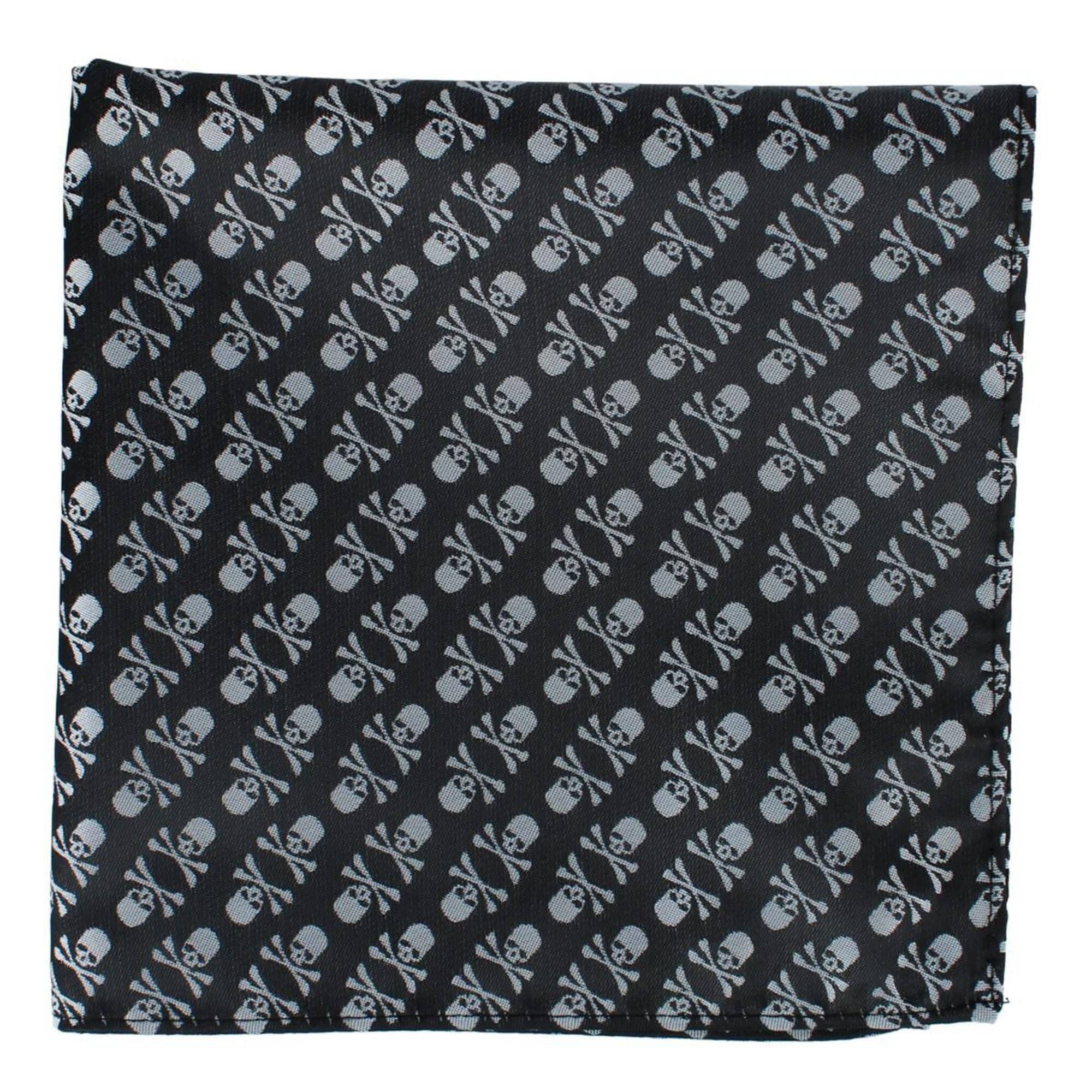 Ascentix Pirate Skull and Crossbones Necktie & Pocket Square Bundle - White on Black