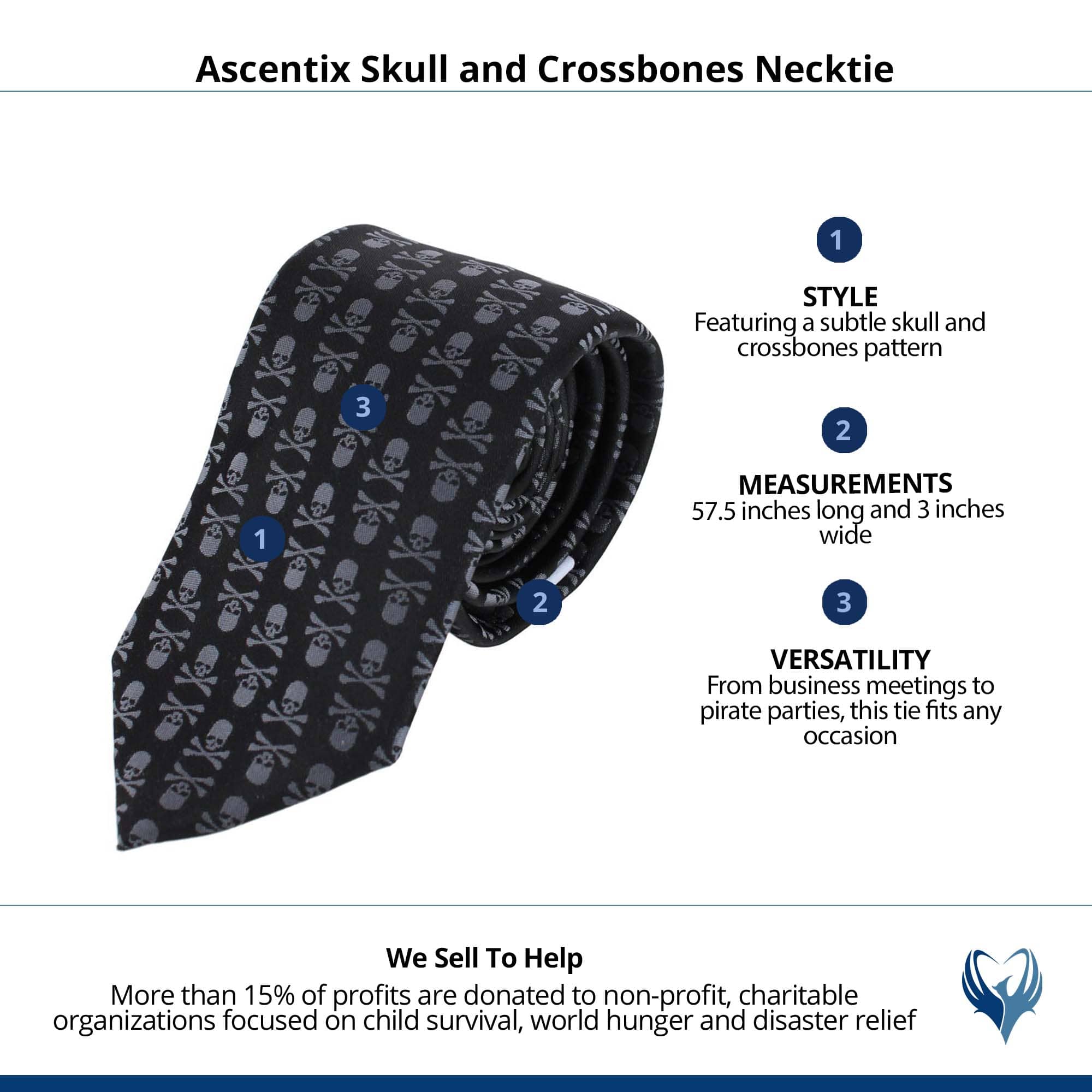 Ascentix Pirate Skull and Crossbones Necktie - Grey on Black