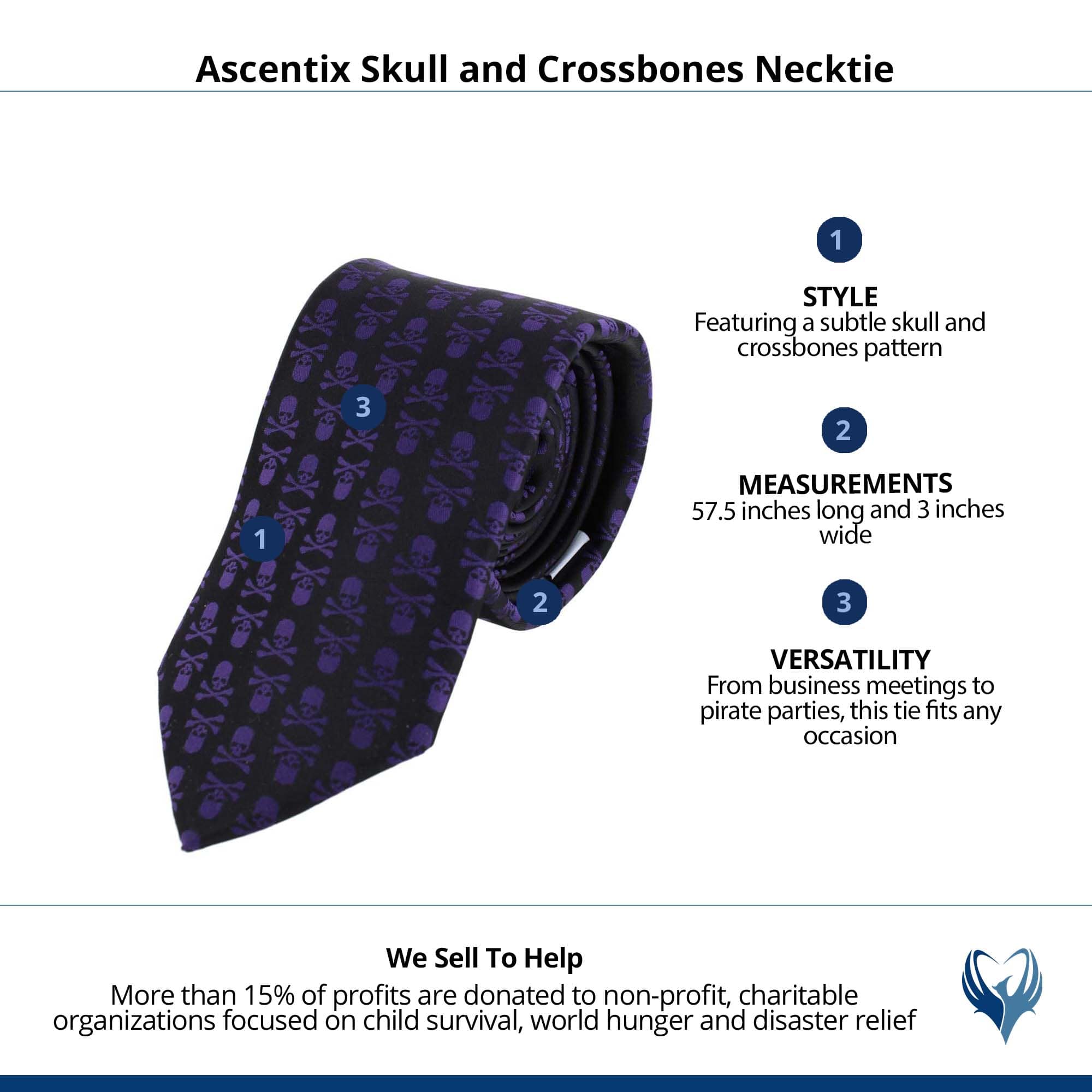 Ascentix Pirate Skull and Crossbones Necktie - Purple on Black