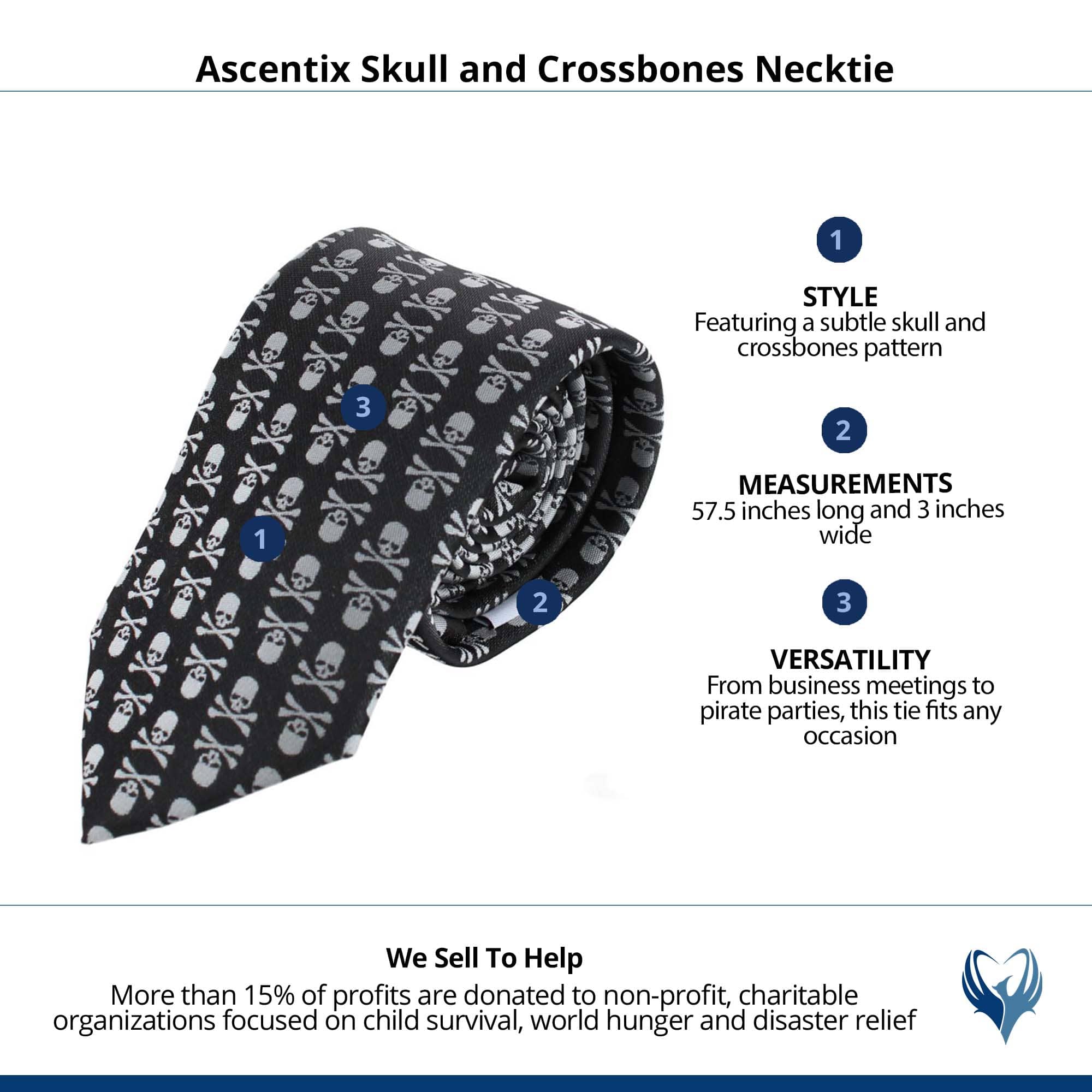 Ascentix Pirate Skull and Crossbones Necktie - White on Black