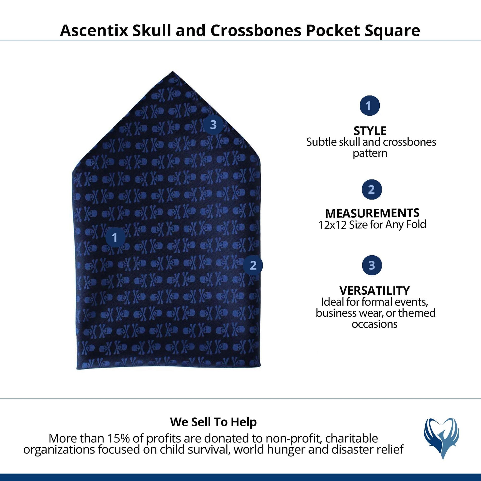 Ascentix Pirate Skull and Crossbones Pocket Square - Blue on Black