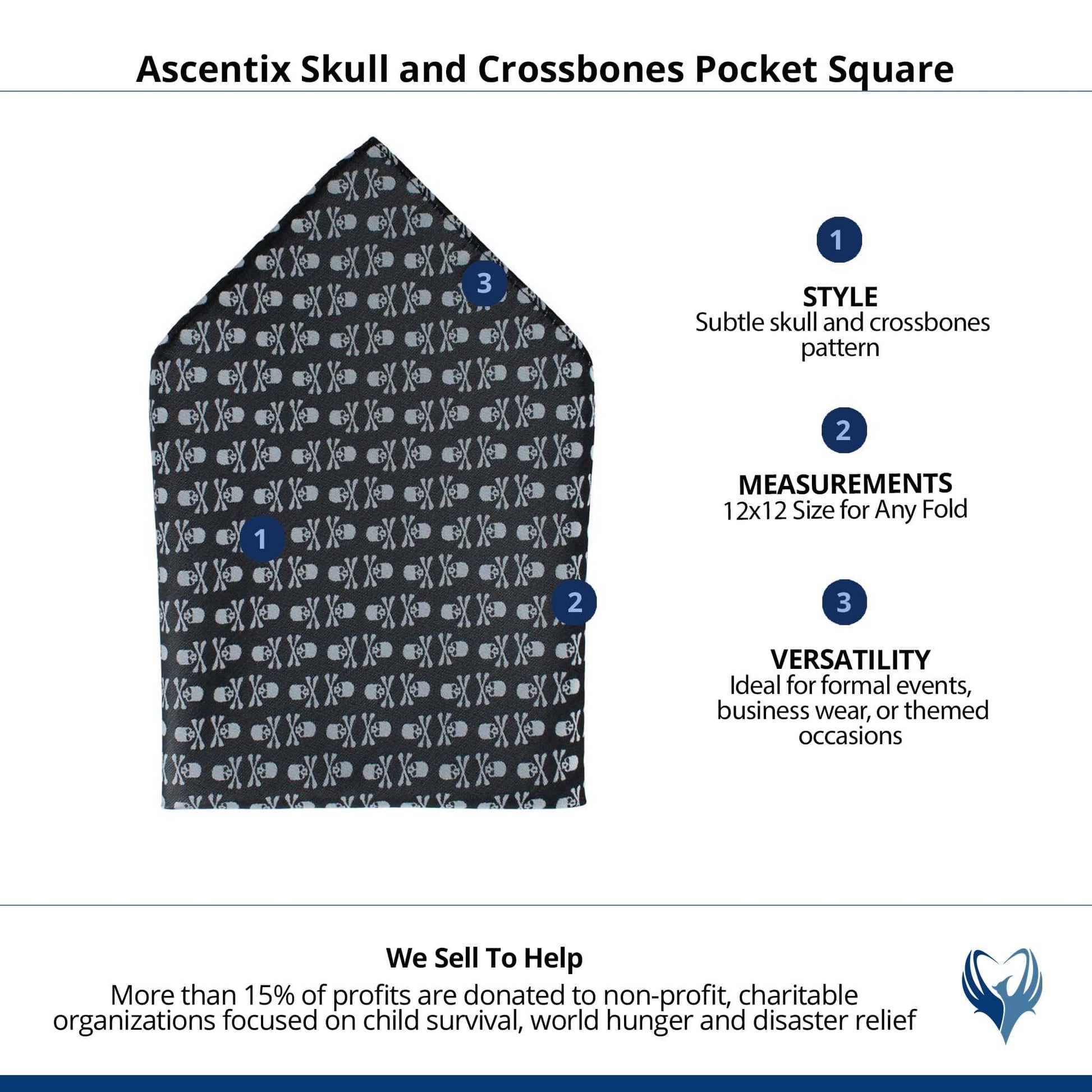 Ascentix Pirate Skull and Crossbones Pocket Square - White on Black