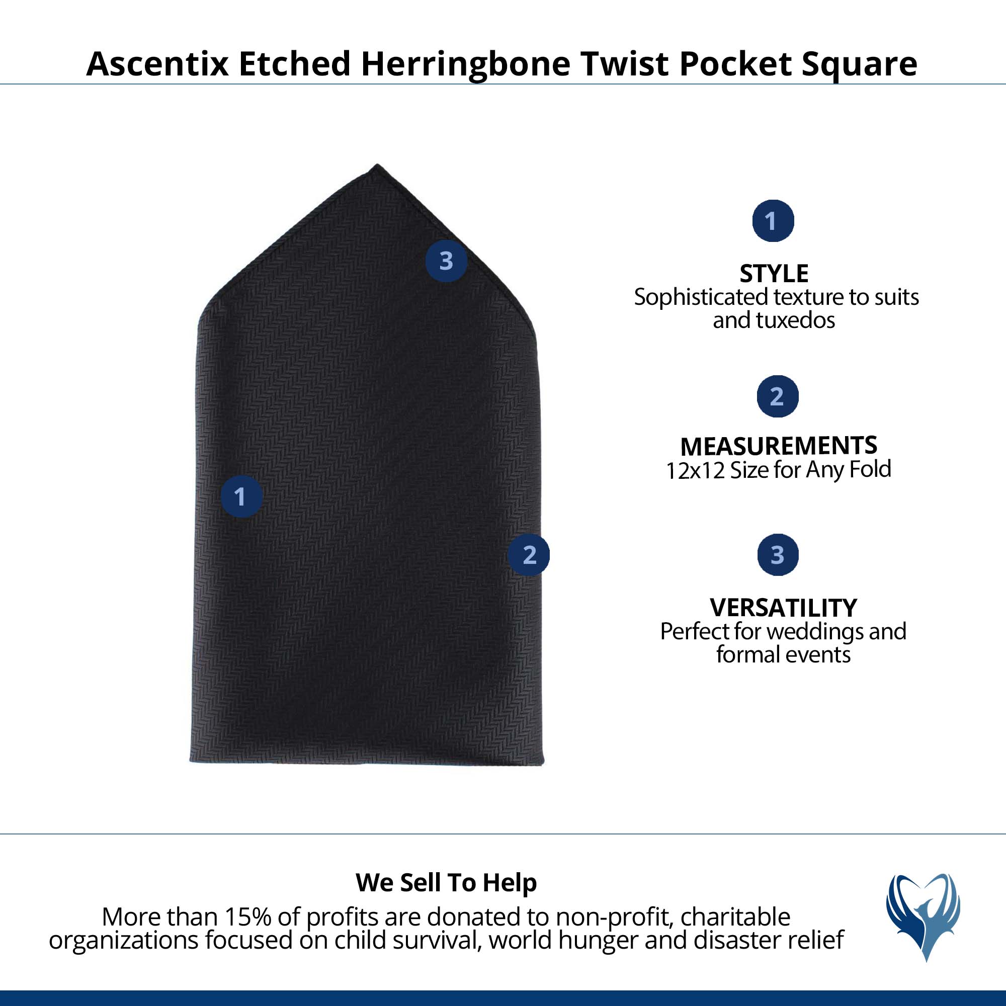 Ascentix Etched Herringbone Twist Pocket Square - Black