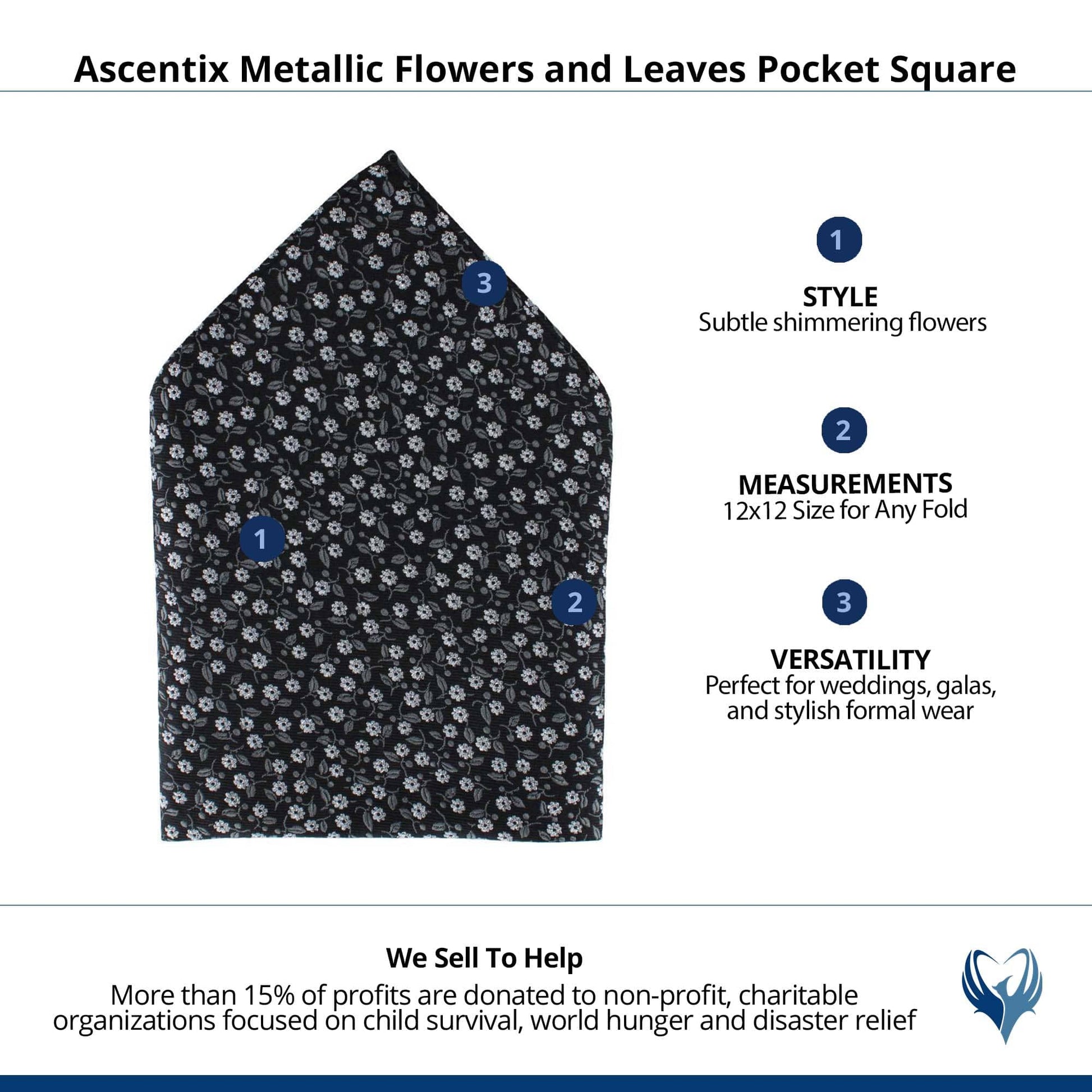 Ascentix Metallic Flowers and Leaves Pocket Square - Black