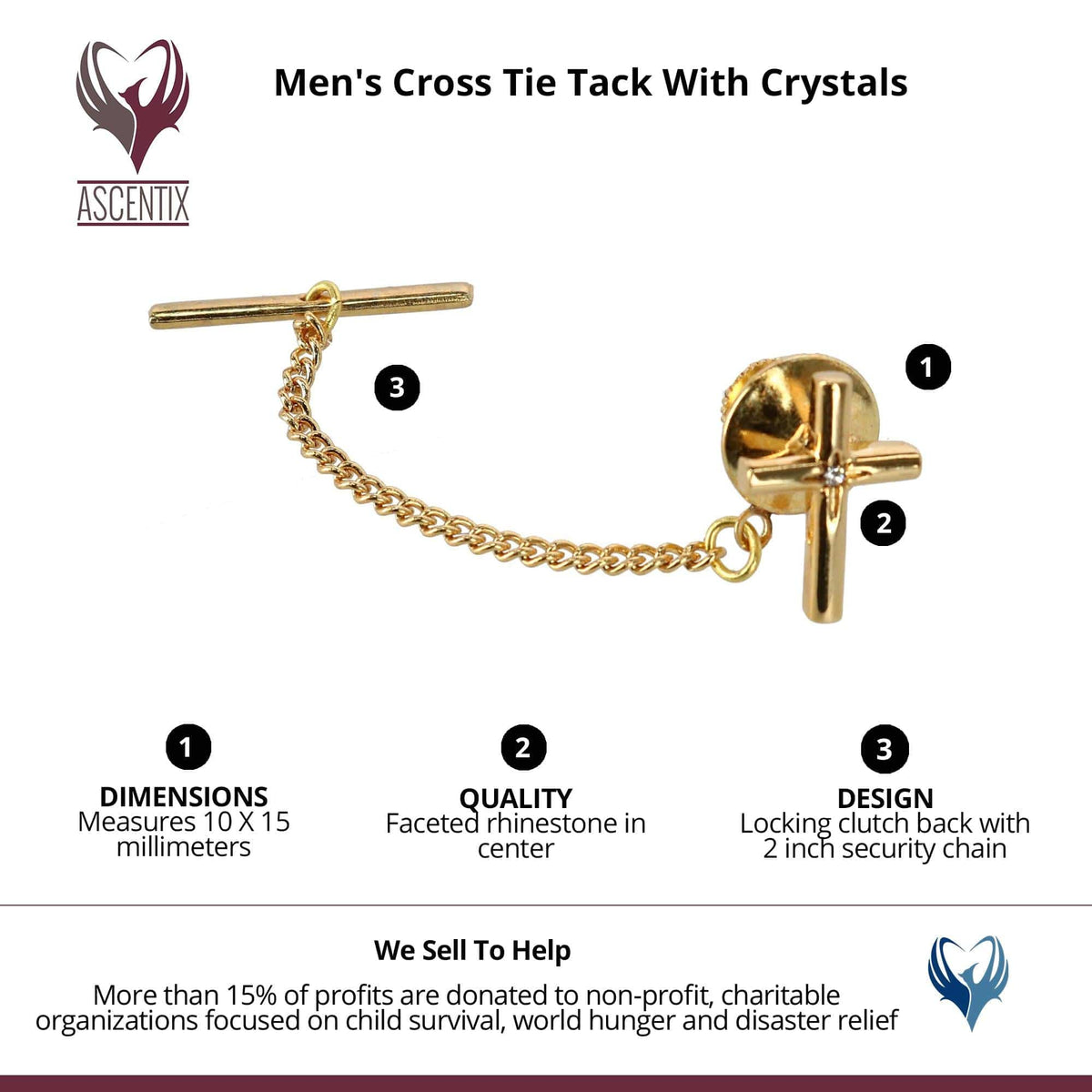 Ascentix Men's Elegant Cross Tie Tack with Crystal Center for Formal Wear - Gold