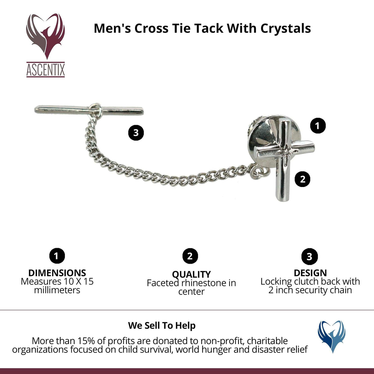 Ascentix Men's Elegant Cross Tie Tack with Crystal Center for Formal Wear - Silver