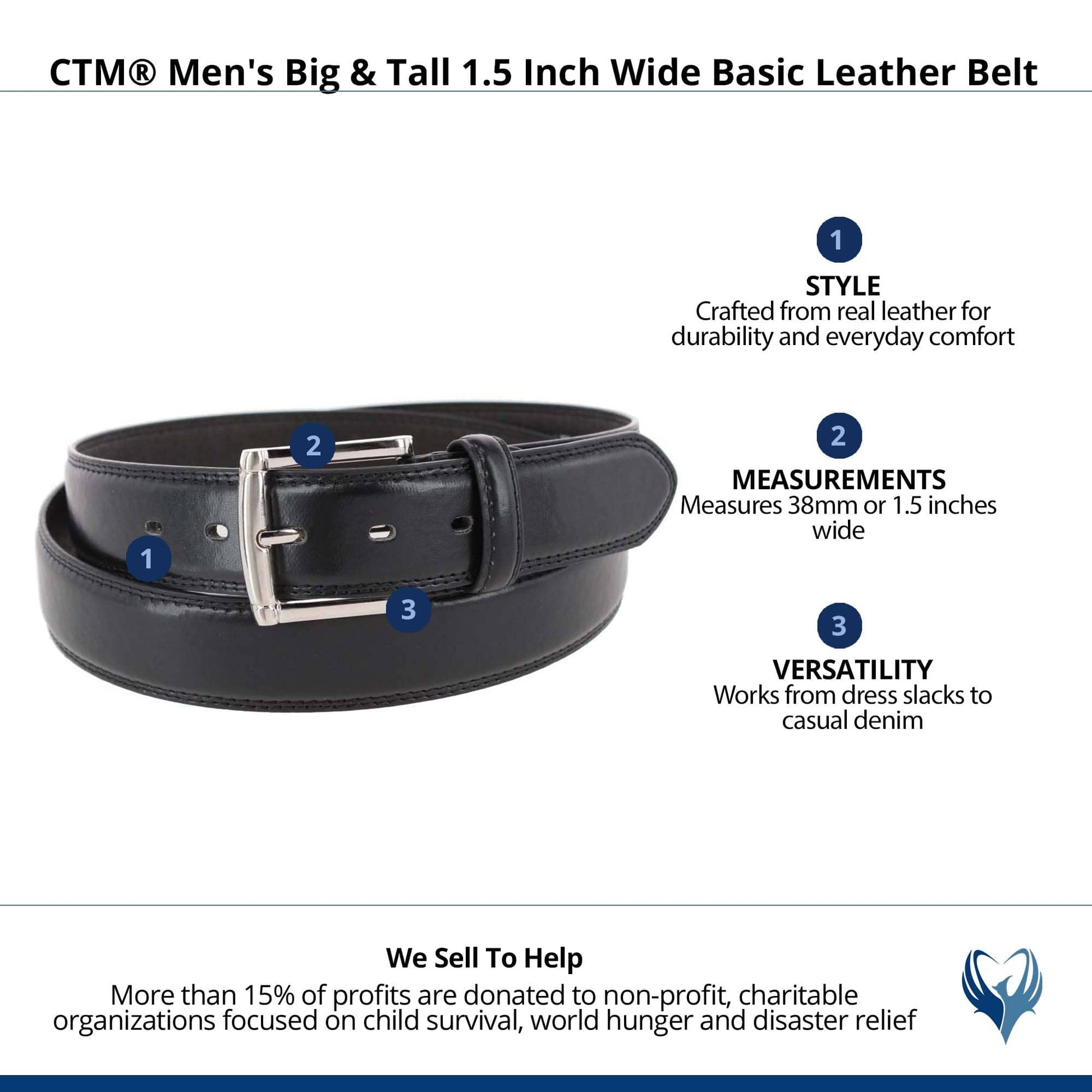 CTM® Men's Big & Tall 1.5 Inch Wide Basic Leather Belt - Black