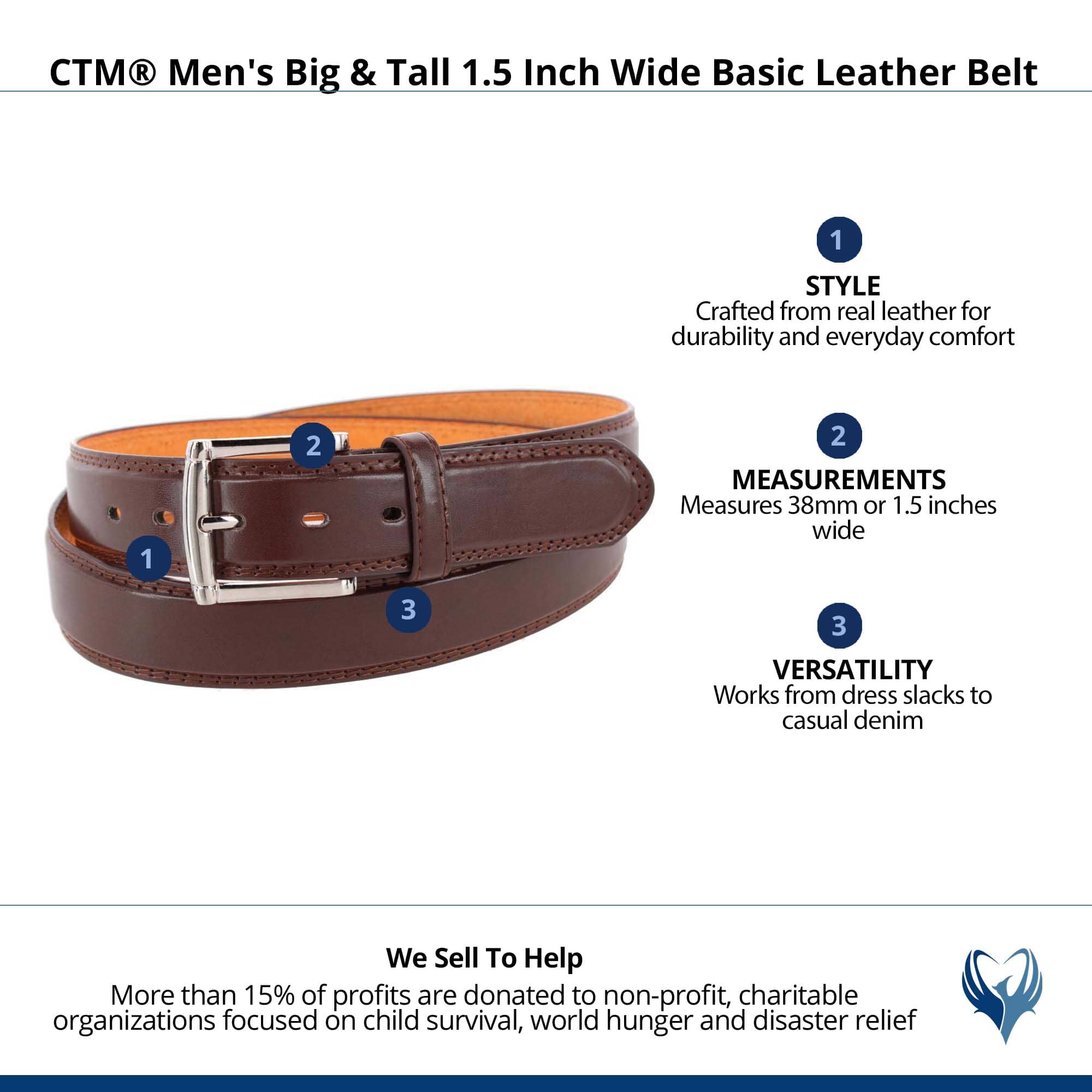 CTM® Men's Big & Tall 1.5 Inch Wide Basic Leather Belt - Brown