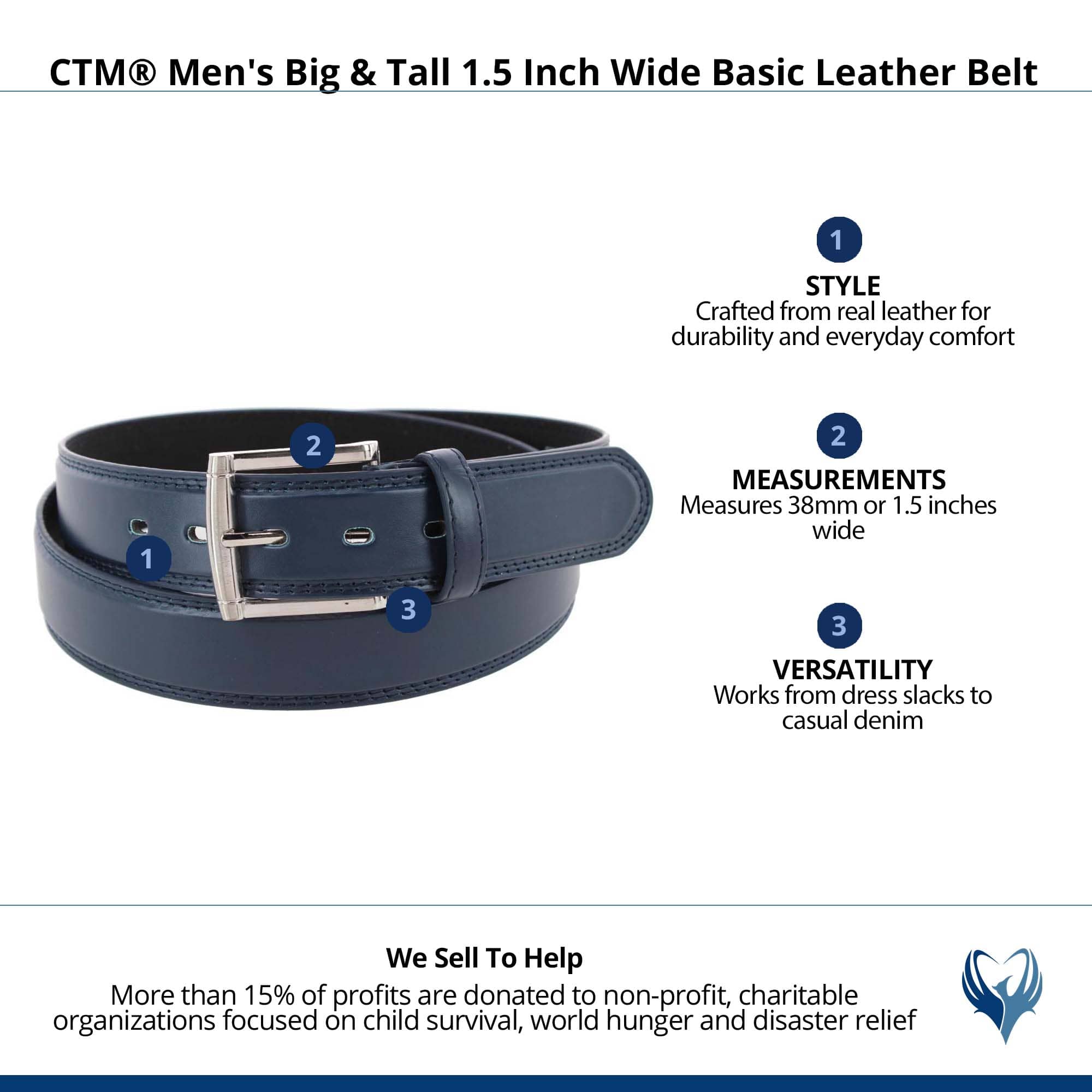 CTM® Men's Big & Tall 1.5 Inch Wide Basic Leather Belt - Navy