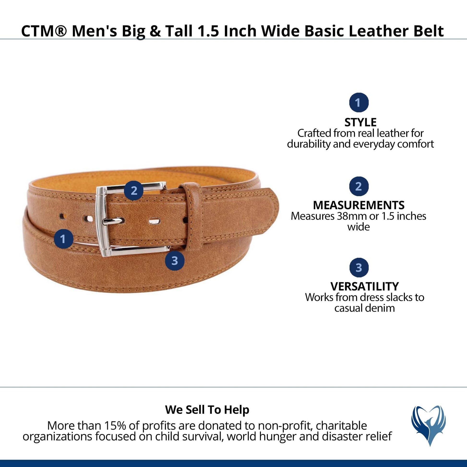 CTM® Men's Big & Tall 1.5 Inch Wide Basic Leather Belt - Chestnut Tan