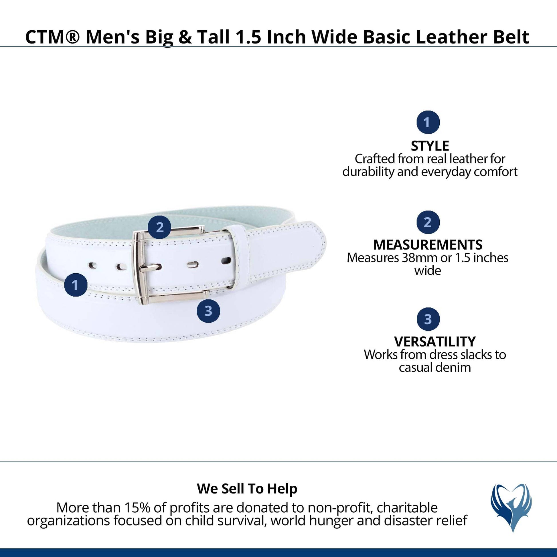 CTM® Men's Big & Tall 1.5 Inch Wide Basic Leather Belt - White